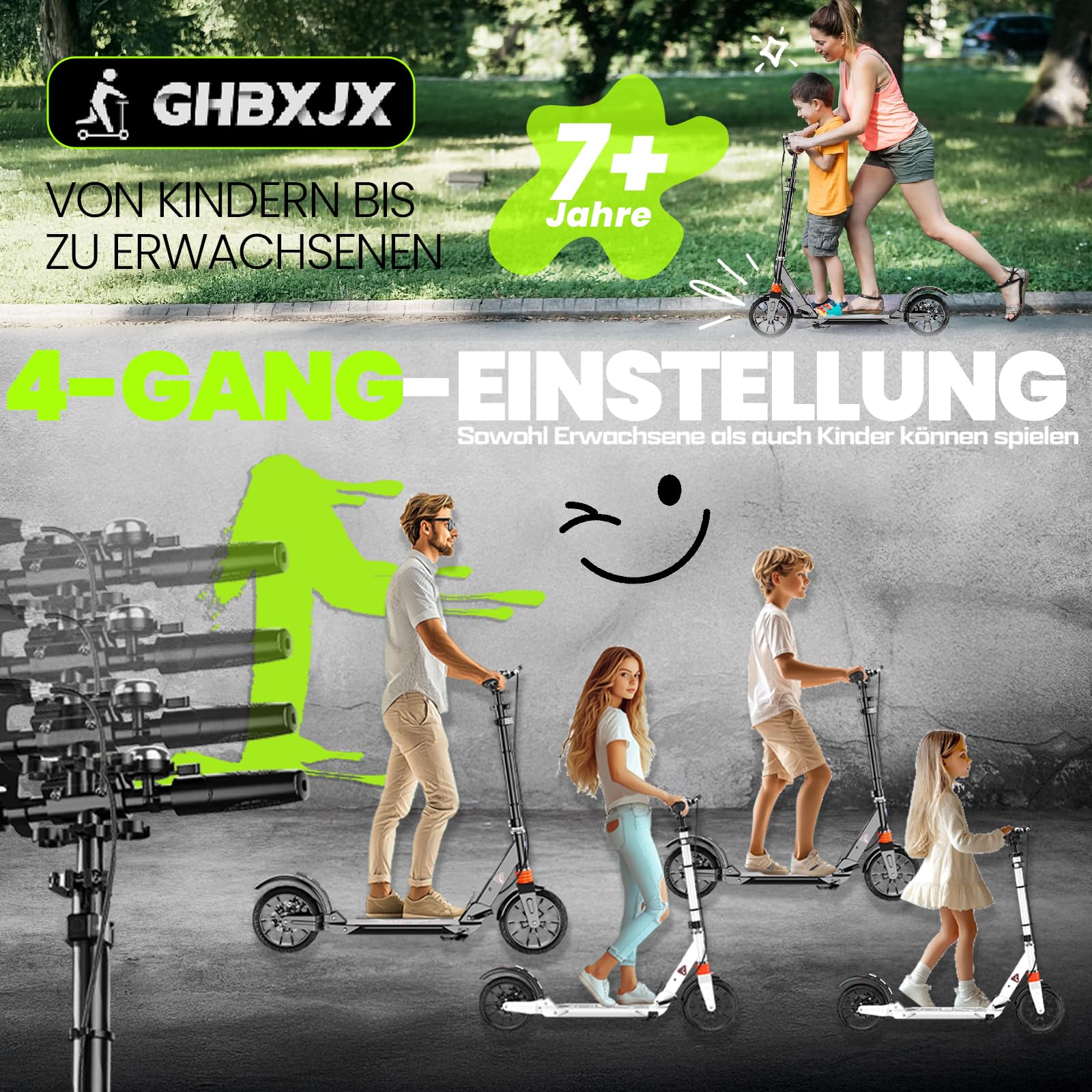 Cityroller Scooter Roller für Erwachsene bis 150kg Verstellbar Scooterm, ABEC 9, Robuste Konstruktion 200mm Räder Stoßdämpfende ShockResist -Technologie Hinterradbremse rutschfest