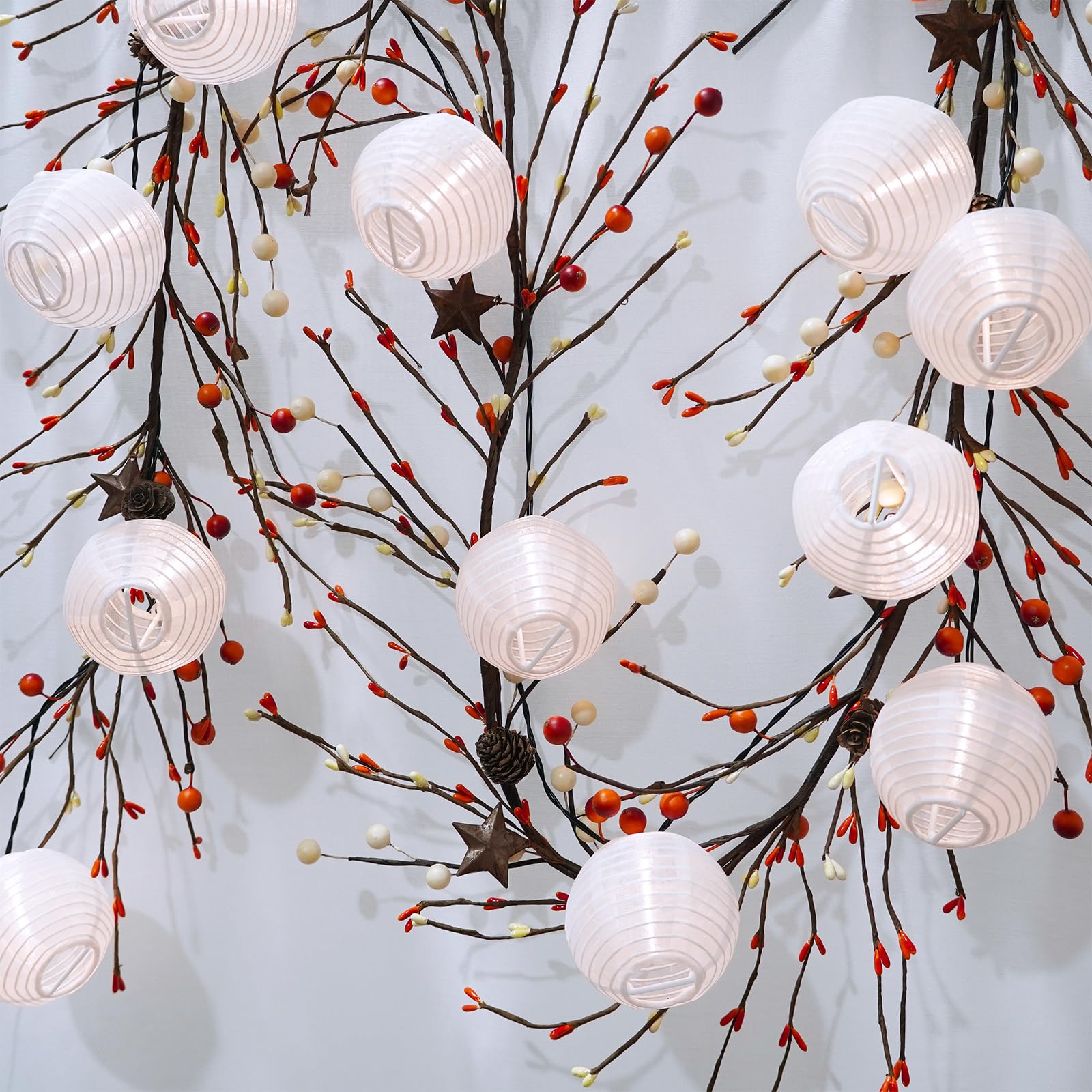 Amazon.com: Winlyn 5 英尺人造漿果和生鏽的金屬星星花環收穫橙色和奶油原始Pip  莓果松果秋季鄉村花環,適用於農舍秋季婚禮感恩節壁爐架餐桌中心: