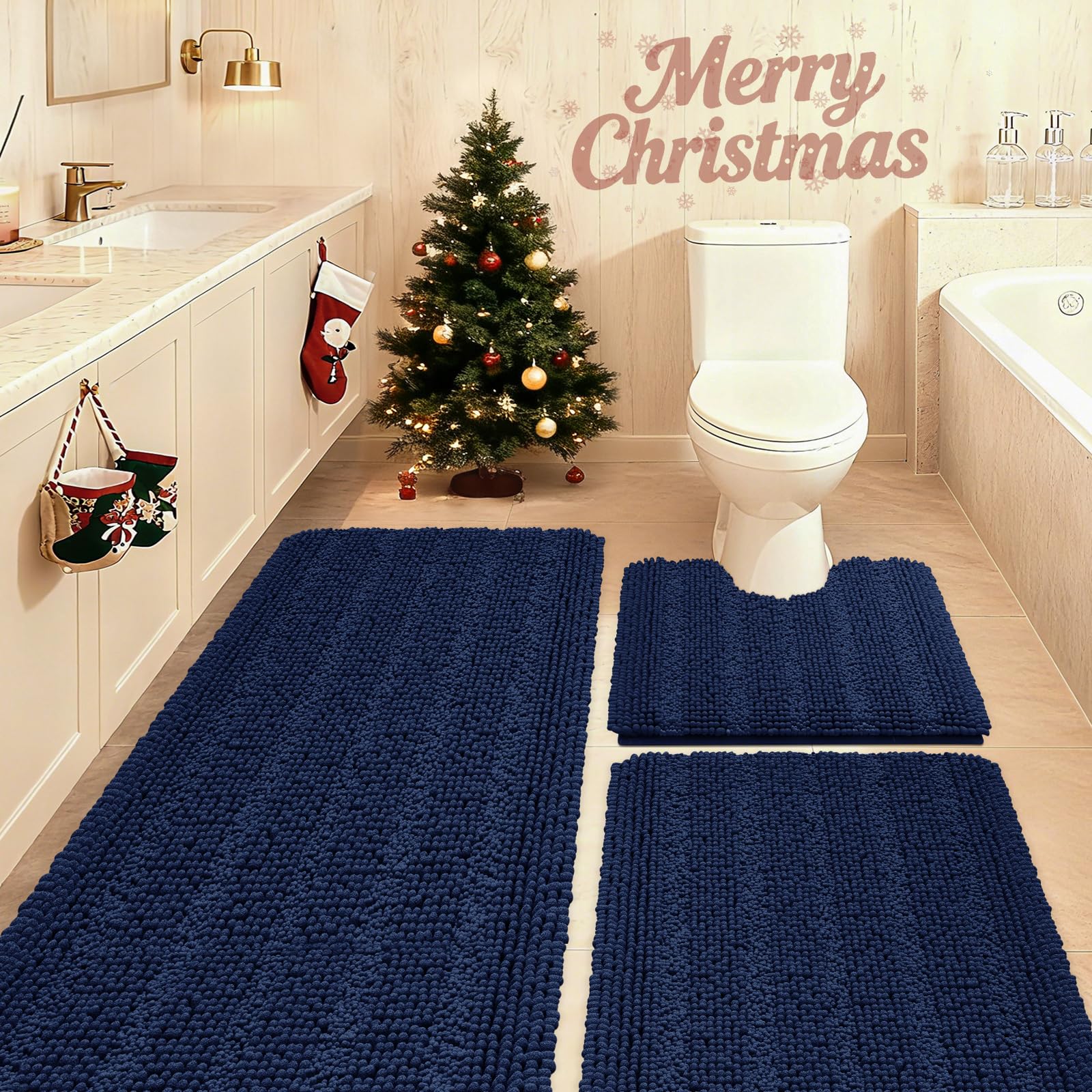 ACCUMTEK Striped Navy Blue Bathroom Rug Set 3 Pieces Ultra Soft Non Slip Chenille Toilet Mat Absorbent Plush
