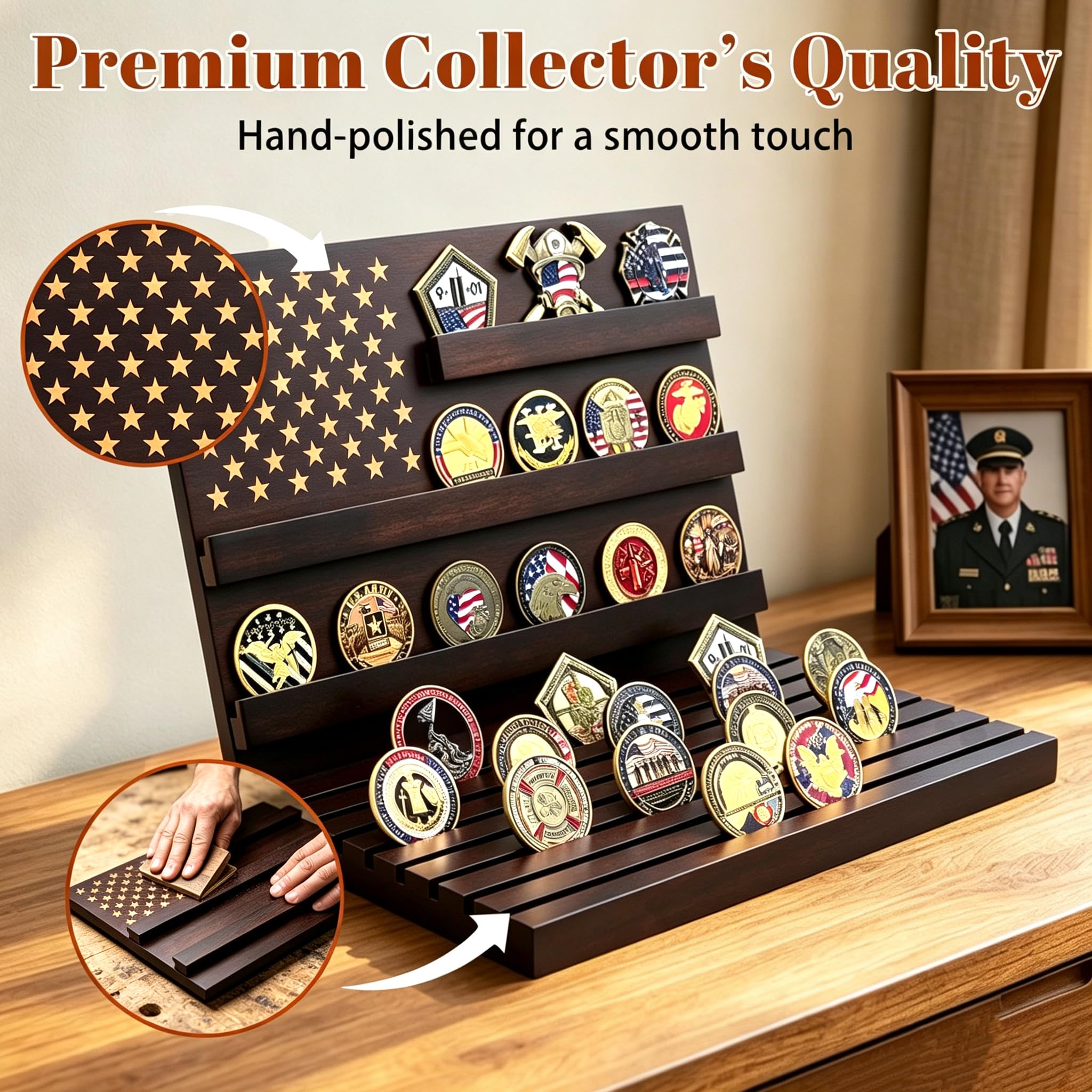 Challenge - Soporte Exhibición Militar para Monedas de Madera con Capacidad para 60-65 Monedas