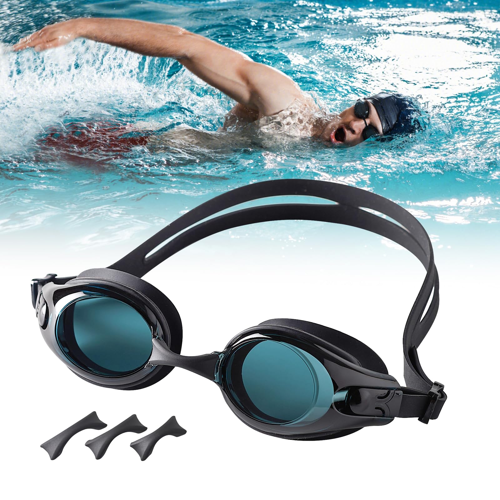 Occhialini da Nuoto Lenti Graduate con Diottrie, Professionali Lenti HD Antiappannamento con Protezione UV, Cinghie Regolabili e 3 Nasello Intercambiabile Unisex Adulto -Nero