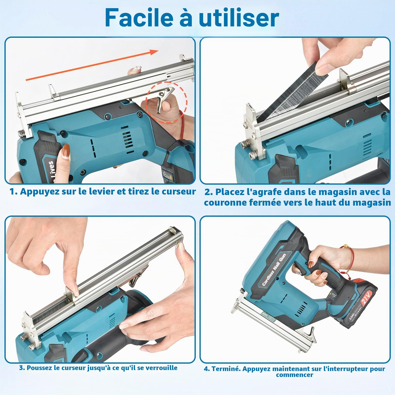 cloueuse electrique sans fil: agrafeuse electrique avec 2 x 2.0Ah Batterie Li-ion, cloueuse sans fil avec 6000 Clous pour les projets de Tapisserie d'ameublement, de Menuiserie et de Travail du bois