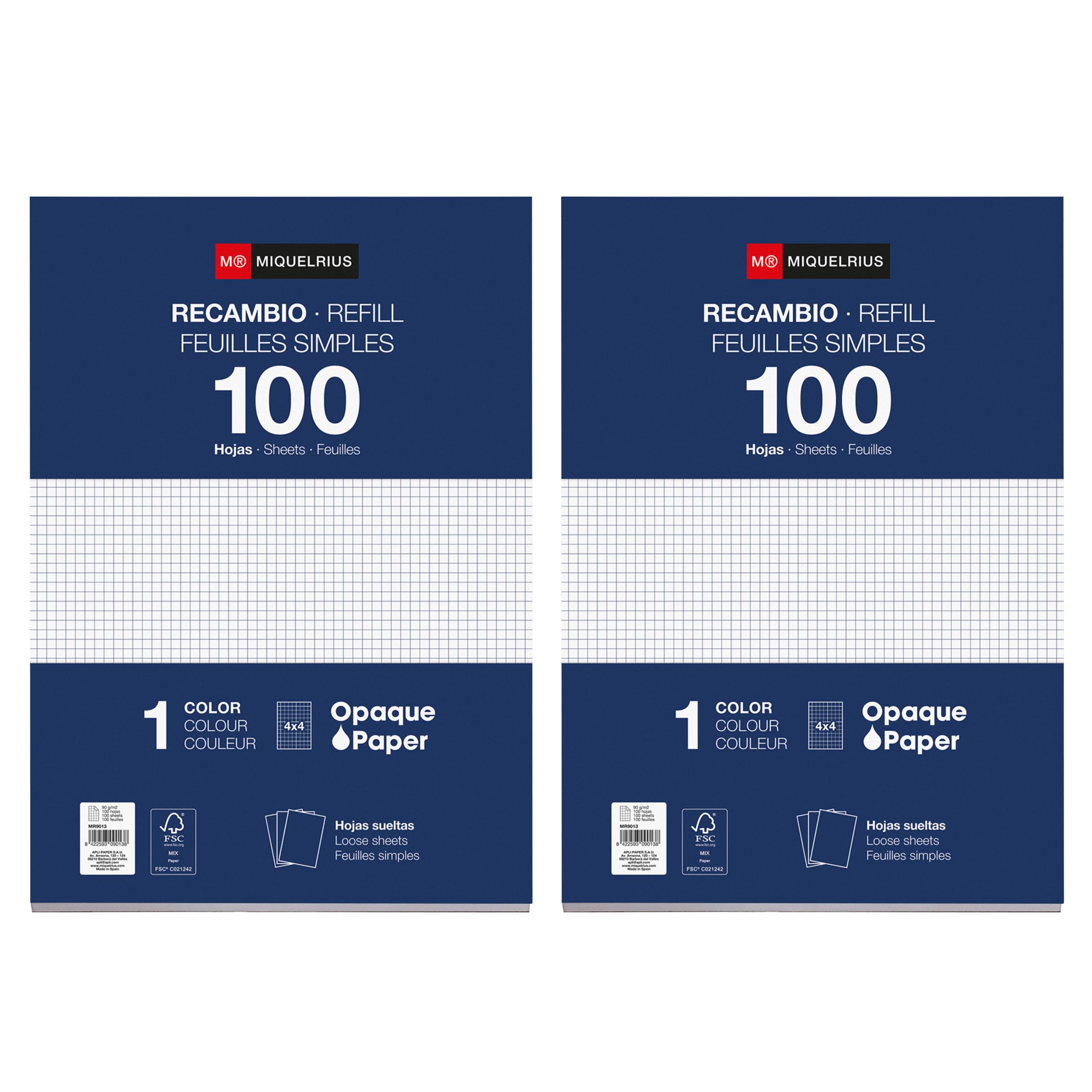 Miquelrius - Refill Pads, 200 Loose Sheets Squared 4 mm, Opaque Paper 90 g/m², Refill A4 unpunched Sheets for Ring Binders or Binders, School Supplies for Back to School