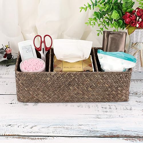 Miniatura 7 de Hipiwe Seagrass - Cesta de almacenamiento de mimbre tejida a mano, 3 compartimentos, cesta de almacenamiento de papel higiénico tejida a mano para