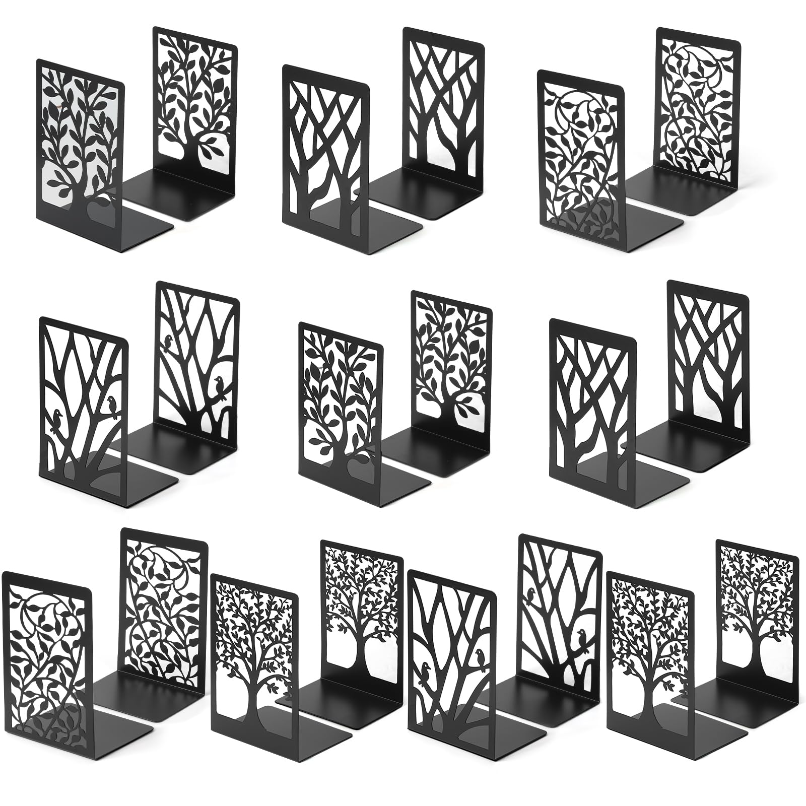 Buchstützen für Regale, robuste Buchstützen, rutschfest, Metall, schwarzes Baum-Design, moderne Buchstützen für Regale, Büro, Zuhause, dekorativer Buchstopper für Bücher, CDs, 10 Paar, 20 Stück