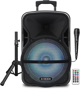 ABX-12S 12 "سماعة بلوتوث PA محمولة مع ستاند آند ميكروفون ، USB ، TF ، FM ، AUX ، 1/4" Mic Jack ، بطارية قابلة للشحن ، مقبض عربة وعجلات ، مثالية لـ DJ ، الأطراف ، الأحداث