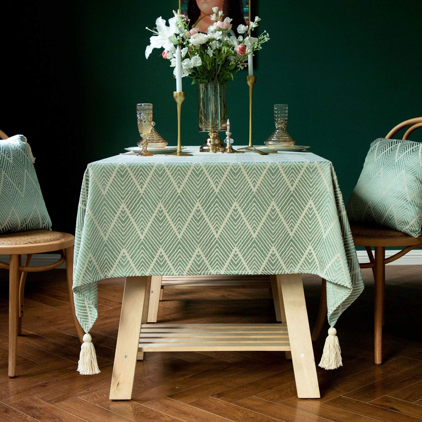 Tischdecke, Stil frische und künstlerische Tischwäsche aus Baumwolle und Quasten, rechteckige Couchtisch-Tischdecken, Leinenoptik, pflegeleicht, waschbar, 90 x 90 cm (35 x 35 Zoll)