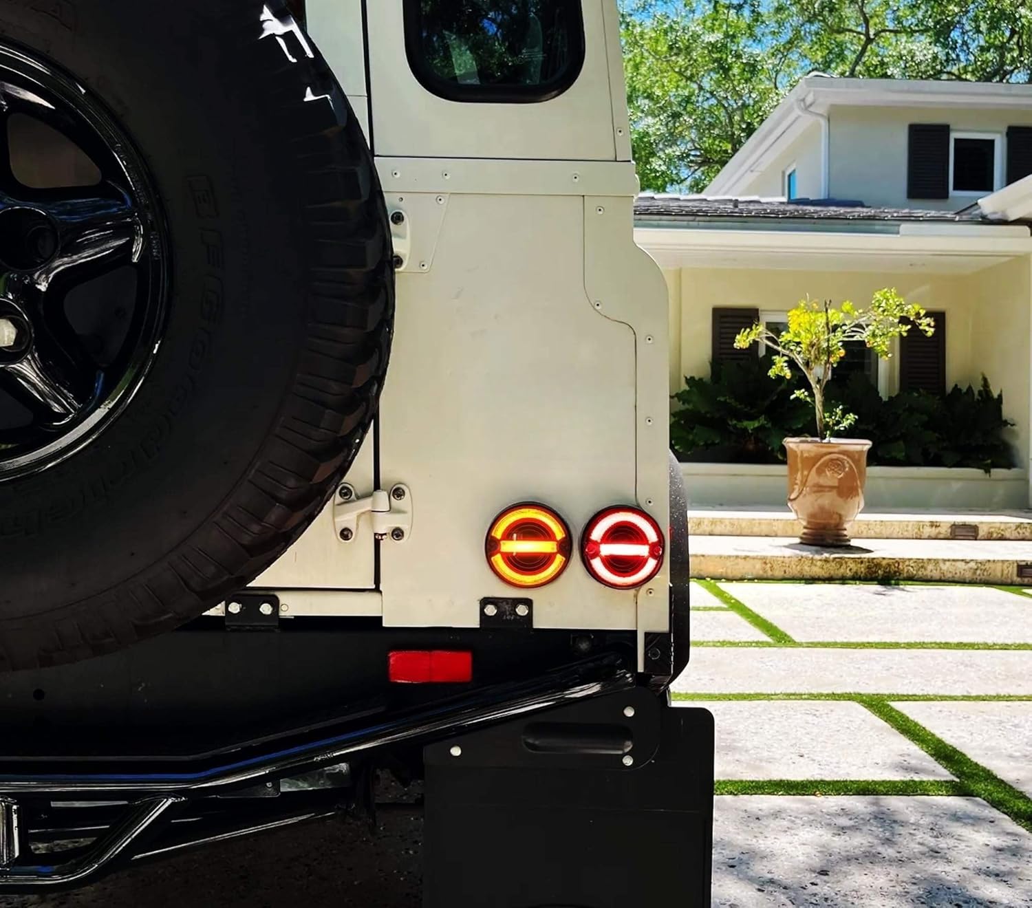 iJDMTOY 8pc Set OE-Size 73mm Diameter Black-Out Smoked Lens Amber/White/Red Full LED Front/Rear Turn Signal, Driving/Tail Brake Light Upgrading Kit Compatible With 1983-16 Land Rover Defender