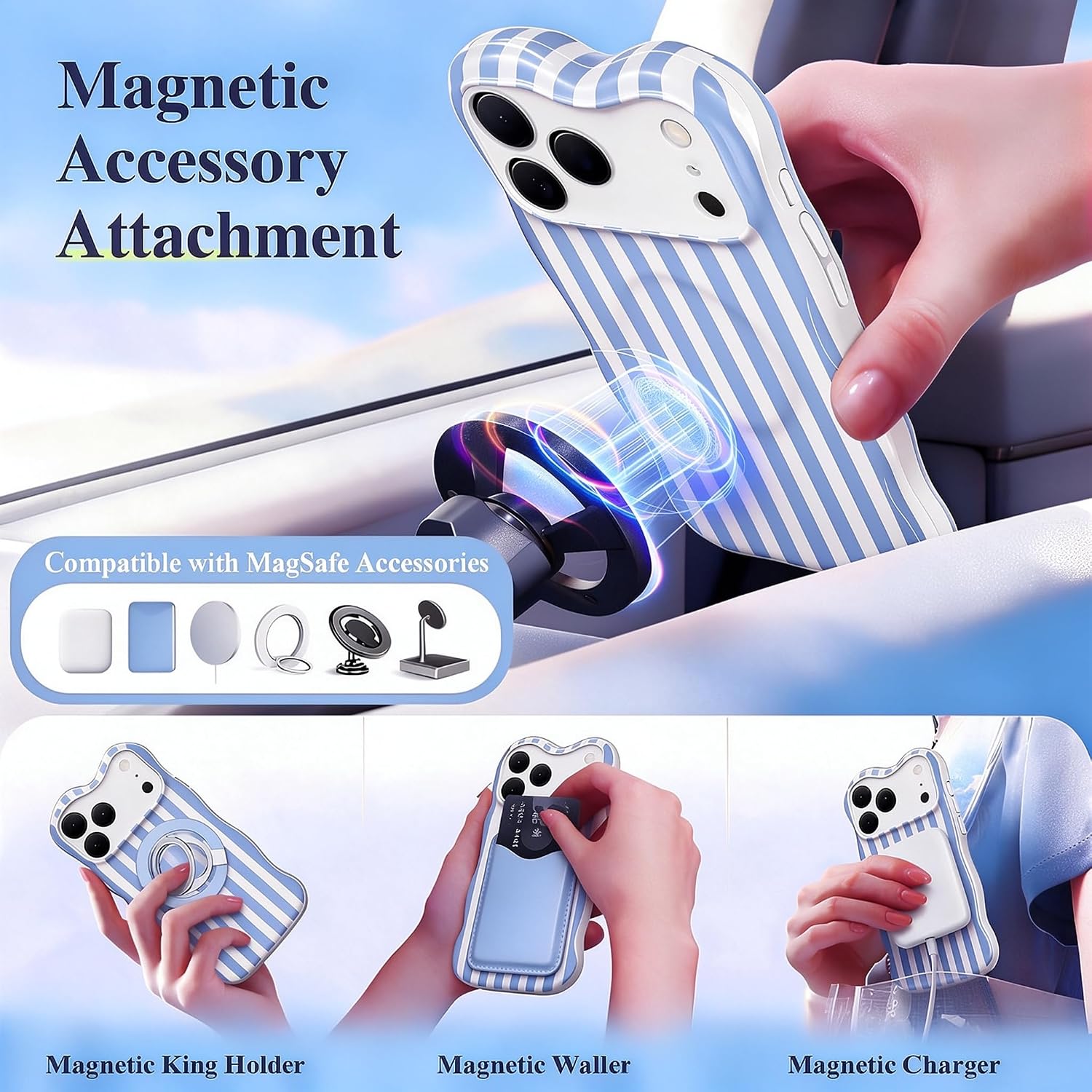 Magnetic for iPhone 18 Pro Max Case, Wavy Edge Cute Striped, Blue image 5