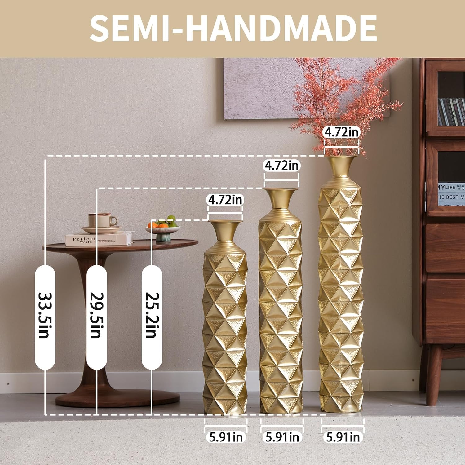 Metal Tall Floor Vases Set of 3, Gold Tall Floor Vases for Decor Living Room with Growing Vine Patterns, Embossed Body Pattern, Geometric Cylinder (Gold 1)