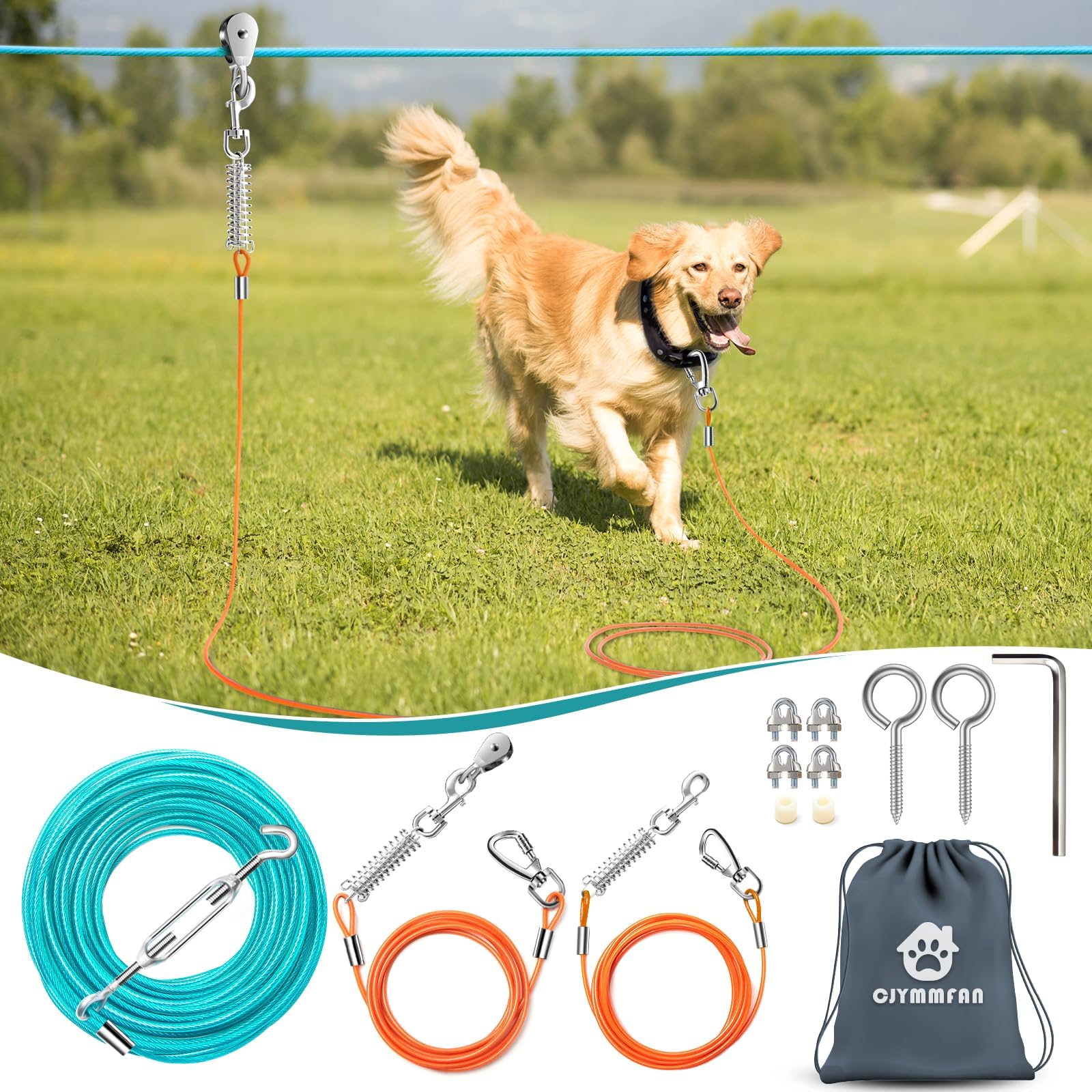 Professional Dog Runner Trolley System，Heavy Duty & Adjustable 55ft Dog Zip Line with 10ft & 15ft Tie Out for Large Dogs Up to 250lbs, Chew Proof Dog