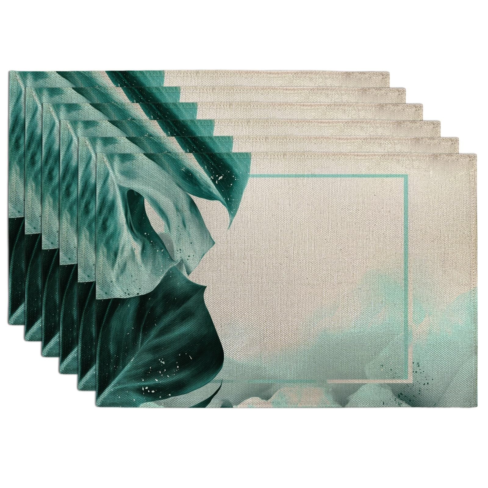 Tropical Leaf Placemats, Teal Botanical Place mats for Dining Table, Non-Slip Washable Indoor Outdoor Party Decorative Placemat Set of 6