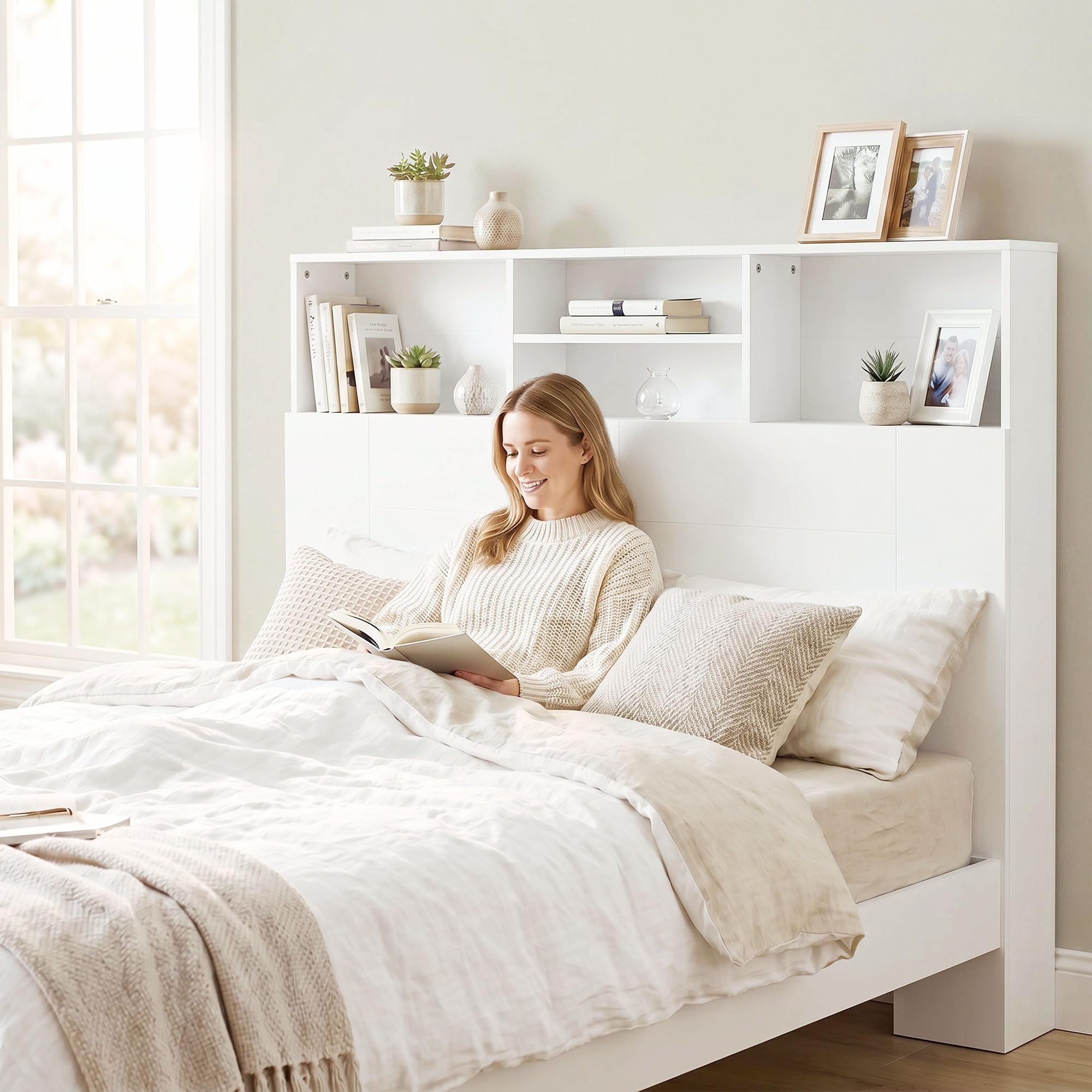 HOMCOM Cabecero de Cama 140 cm con Almacenaje, Cabezal de Cama con 4 Compartimentos Abiertos, Cabecero Moderno para Dormitorio, Blanco