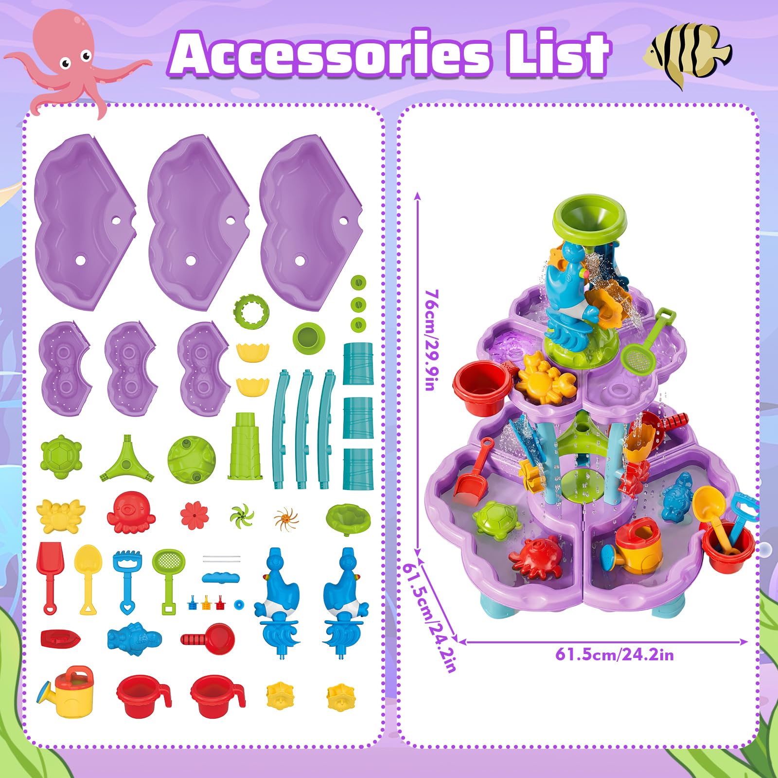 deAO Tavolo Acqua Bambini 3+ Anni – Tavolo Sensoriale Multilivello con Cascata e Fontana, Set 13 Accessori con Secchiello e Pale, Giochi da Esterno per Bambini Giardino Sabbiera
