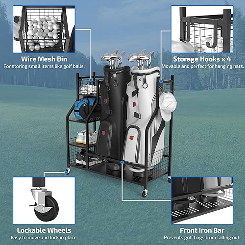 Miniatura 10 de PLKOW Organizador de almacenamiento de bolsas de golf, soporte de almacenamiento de bolsas de golf de tamaño extra grande y estante para equipos de