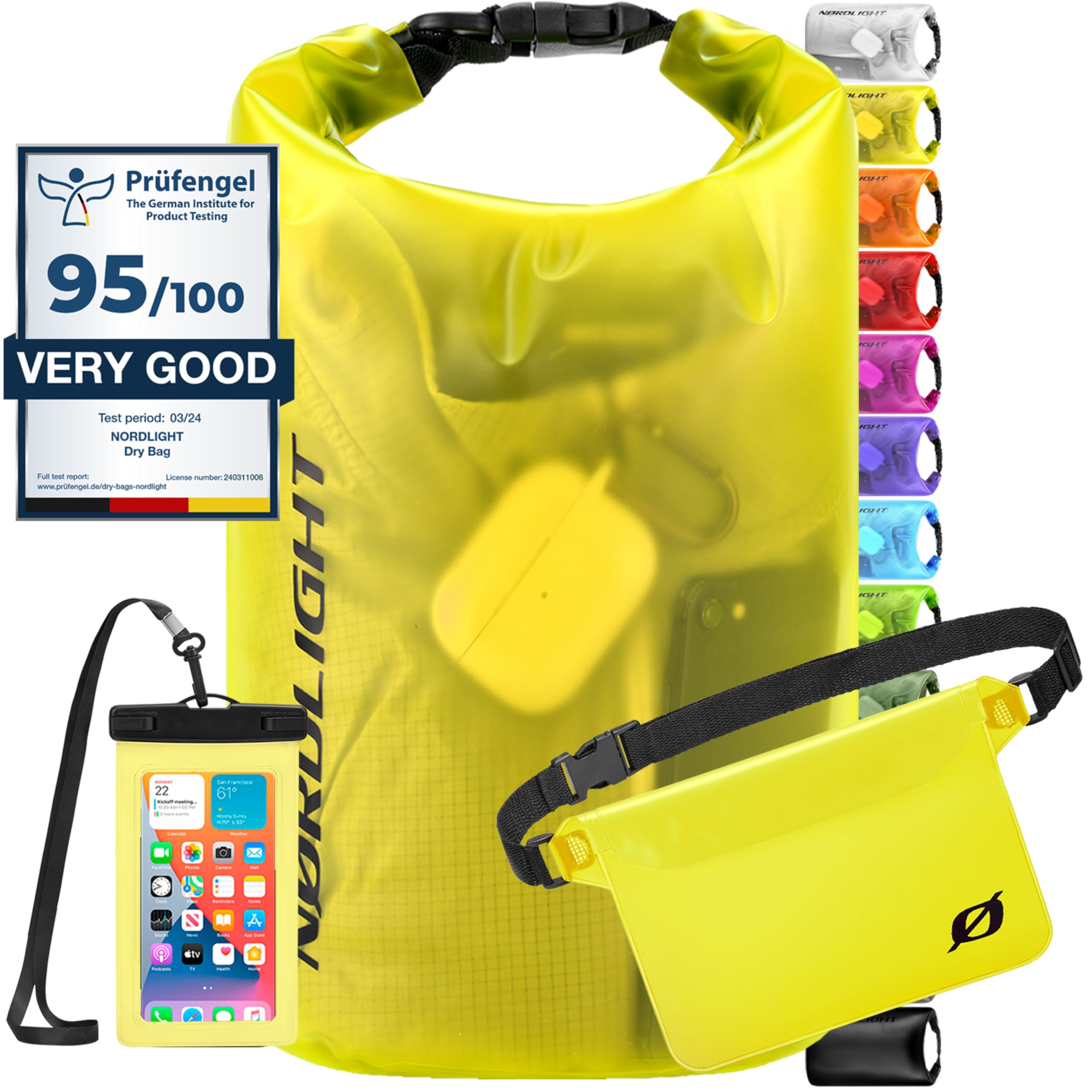 Nordlight Dry Bag e borse impermeabili - zaini impermeabili da 2l, 5l, 10l, 15, 20l, 30l, ccon chiusura a rotolo e tracolla con custodia impermeabile per cellulare e marsupio