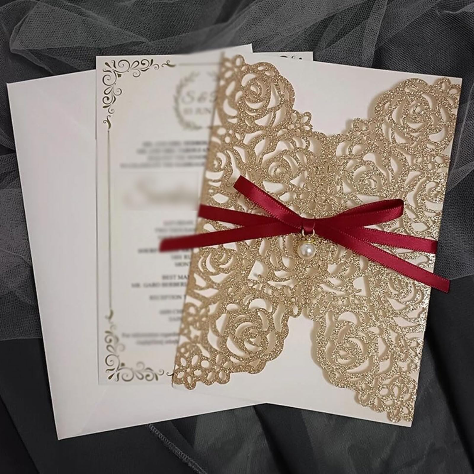 esmen 50 Sets 5 x 7 Cartes d'invitations de Mariage à Fleurs de Rose au Laser, Champange Gold Invitaciones avec Bowknot et enveloppes Invitation pour l'invitation de Mariage