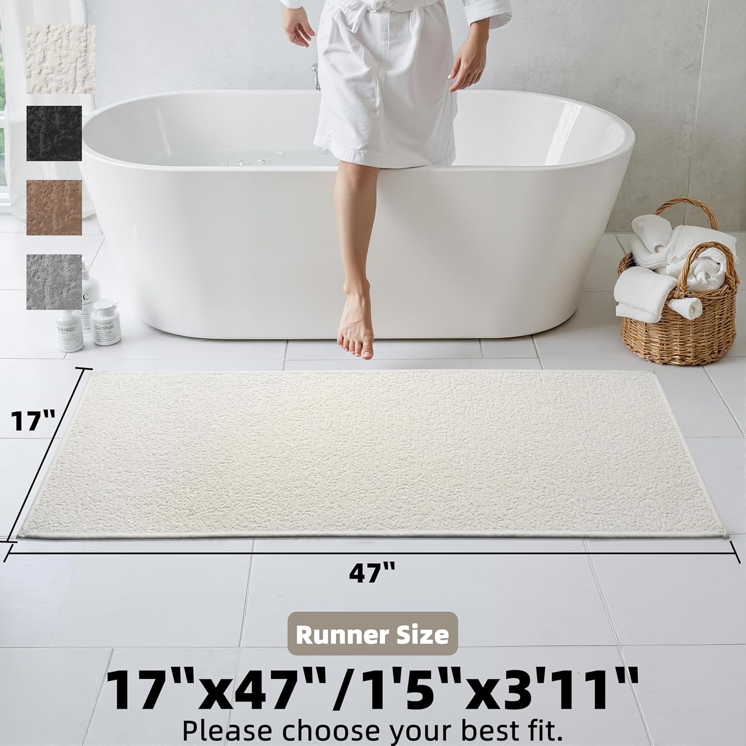 Cream White Bath Mats for Bathroom Non Slip Washable Bathroom Rugs Low Profile Ultra Thin Quick Dry Bath Mat Shower Rug Fit Under Door, 17" × 47"