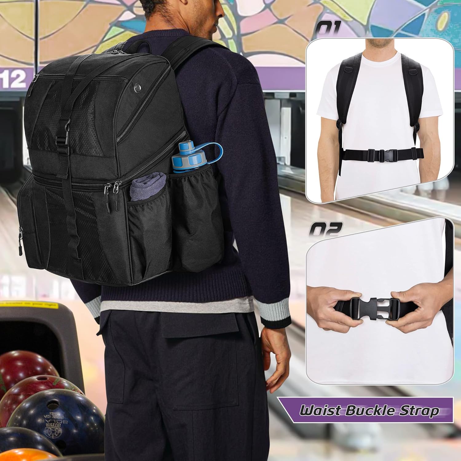 DSLEAF Bowling Backpack and Separate Ball Bag Combo, Bowling Ball Bag with Wooden Ball Holder and Shoe Compartment for US Mens 16 and Multi-Pockets for Accessories (Patent Design)