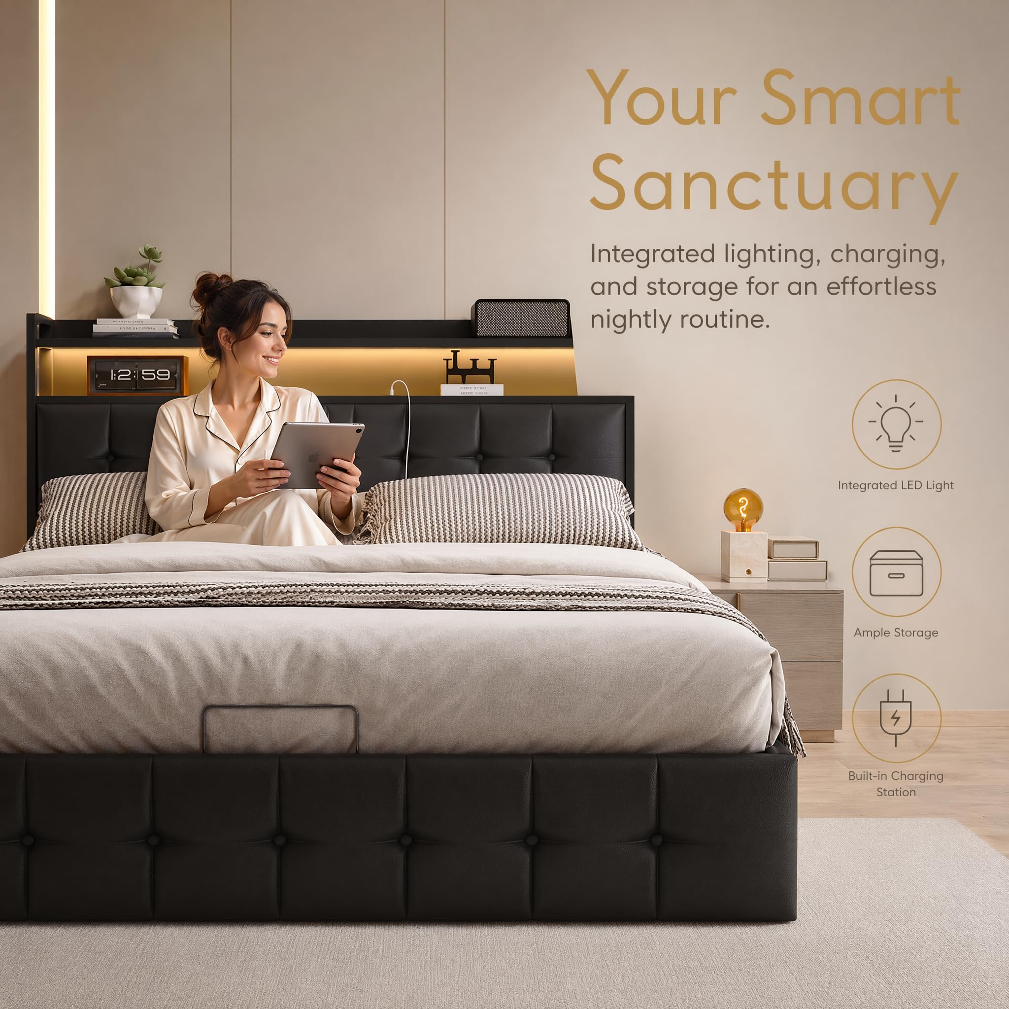 FOERPL Bettkasten, 140 x 200 cm, mit LED, Doppelbett, gepolstert, mit Aufbewahrung, Bettgestell, für Erwachsene, mit Stauraum unter Bett und LED, gepolstert, PU-Stoff, Doppelbett (Schwarz A, 140 x 200 Küche