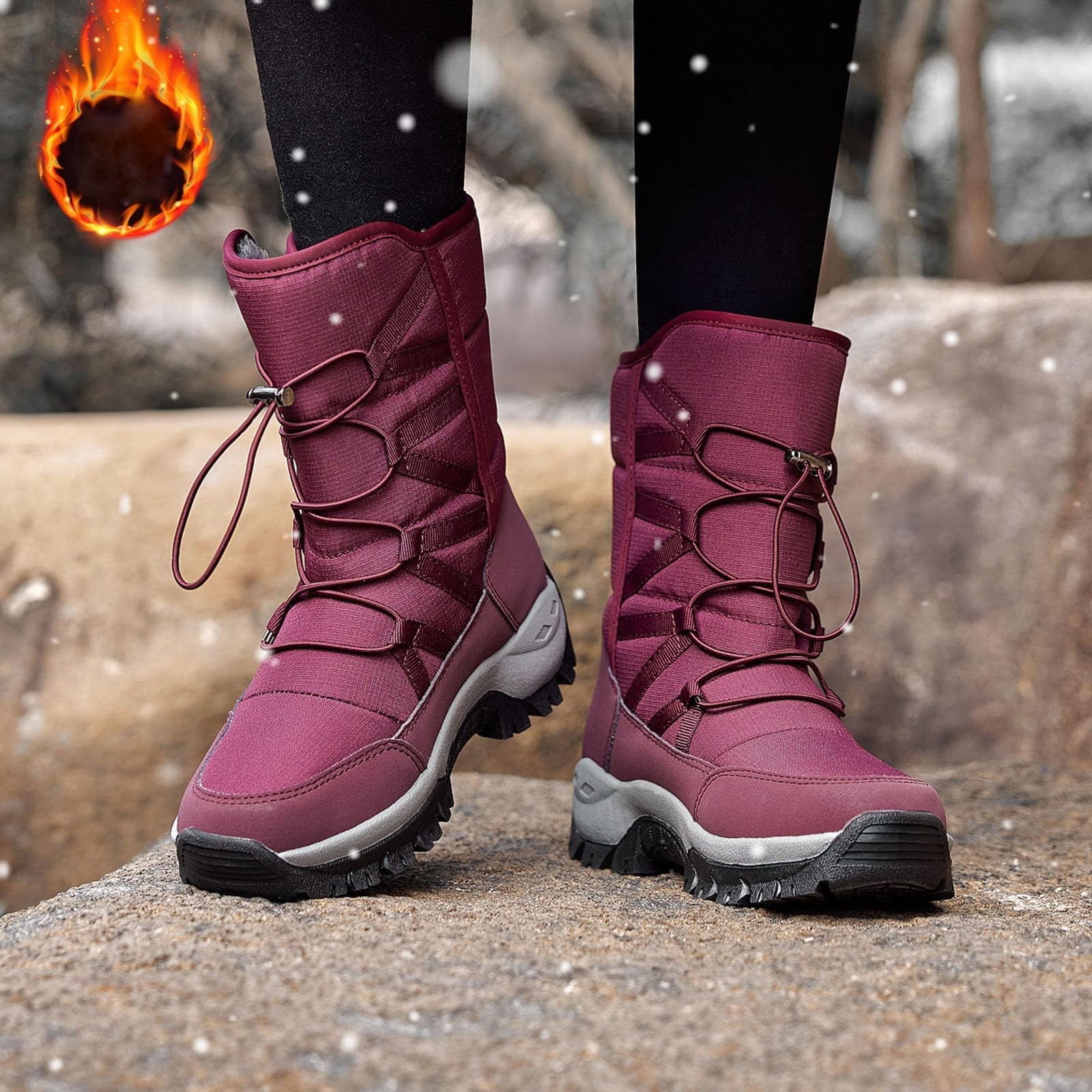 Bottes de Neige Femme Mi-Mollet Antidérapantes Bottes Femme Hiver Chaudes Fourrées Botte de Neige Imperméable Snow Boots Fourrées de Ski Chaussures de Randonnée Confort Bottines Chaussure Hiver Plate