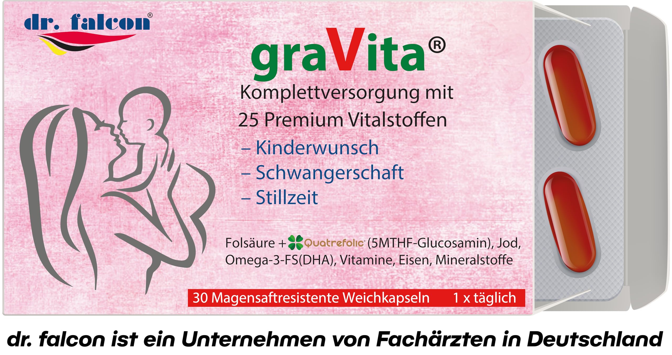 graVita – 25 Nährstoffe für Kinderwunsch, Schwangerschaft und Stillzeit - 30 Kapseln | enthält Folsäure, Quatrefolic, Omega-3, DHA, Vitamin D3 + K2, Jod, Eisen, Selen