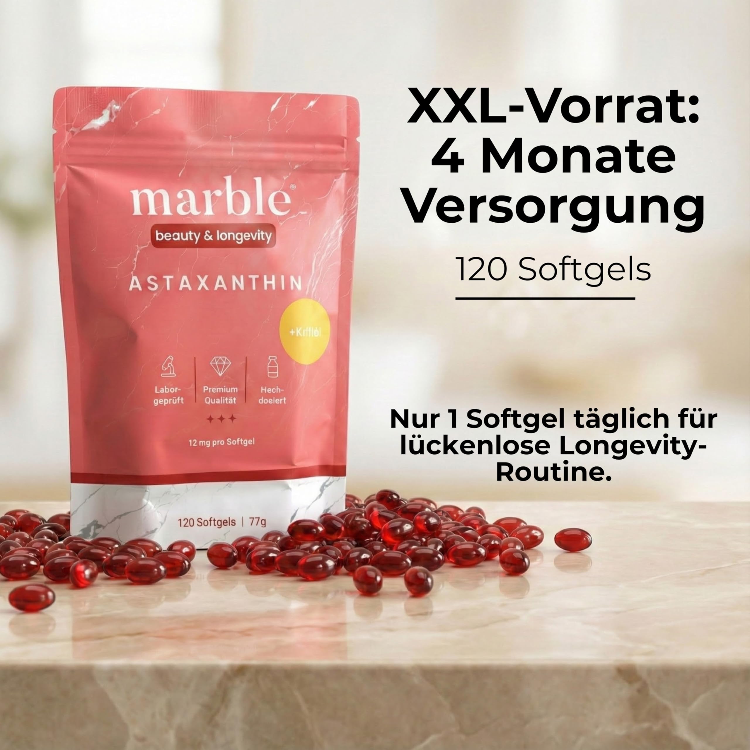 marble® Astaxanthin 12 mg + Krillöl, 120 Softgel-Kapseln – 4 Monatsvorrat – Astaxanthin hochdosiert aus Haematococcus Pluvialis Alge – laborgeprüft, Made in Germany – 30 Tage risikofrei testen