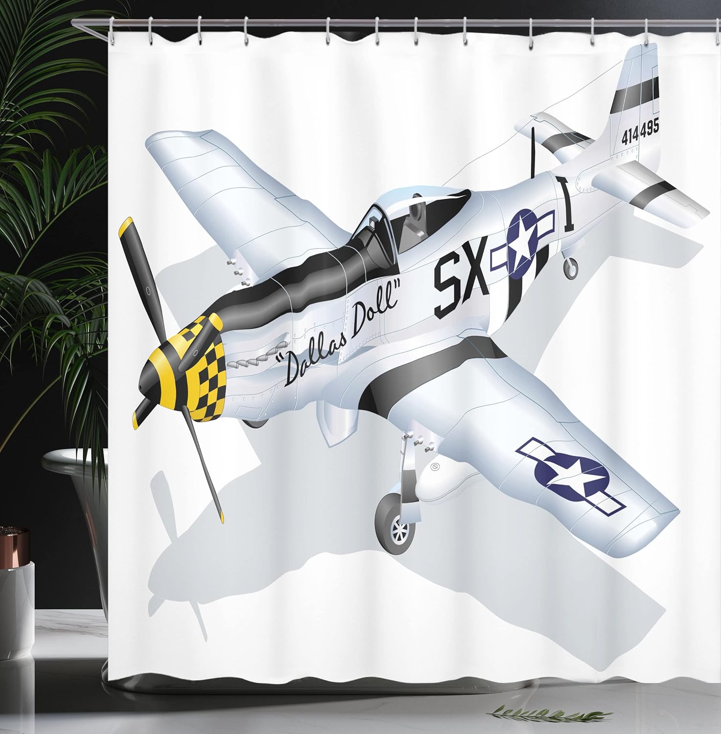 Ambesonne Vintage Airplane Shower Curtain, P-51 Dallas Doll Detailed Illustration American Air Force Classic Plane, Cloth Fabric Bathroom Decor Set with Hooks, 69" W x 75" L, Multicolor