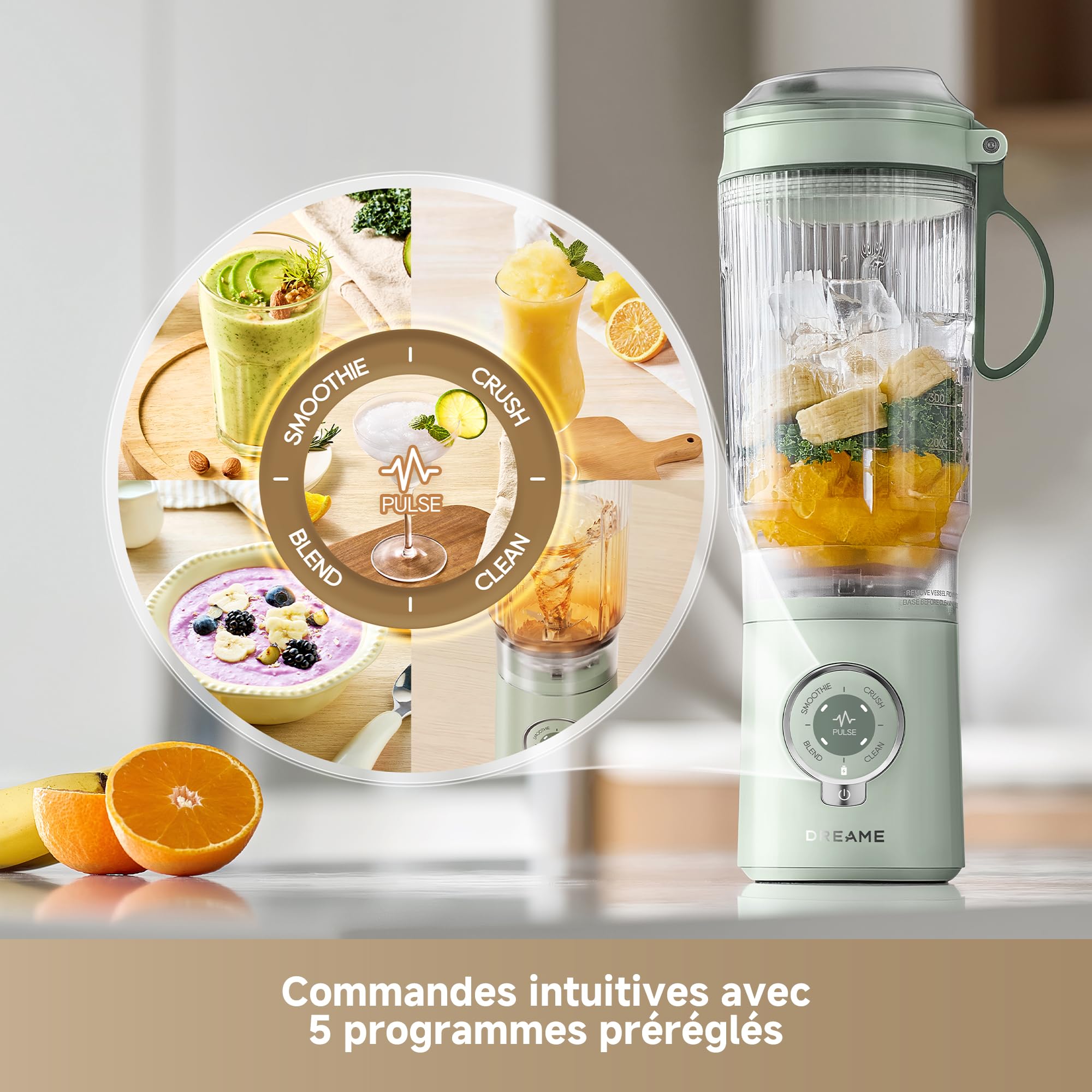 DREAME PortFresh Portable Blender, base moteur rangeable, charge rapide, gobelet 880 mL sans BPA (capacité de mixage 500 mL), 5 fonctions préréglées, mode autonettoyant, compatible lave-vaisselle