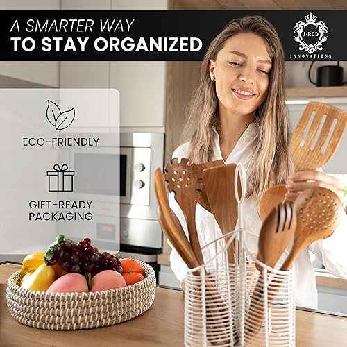 Miniatura 4 de Soporte giratorio para utensilios con 3 compartimentos y parte inferior de corcho, metal blanco mate de primera calidad + juego de utensilios de