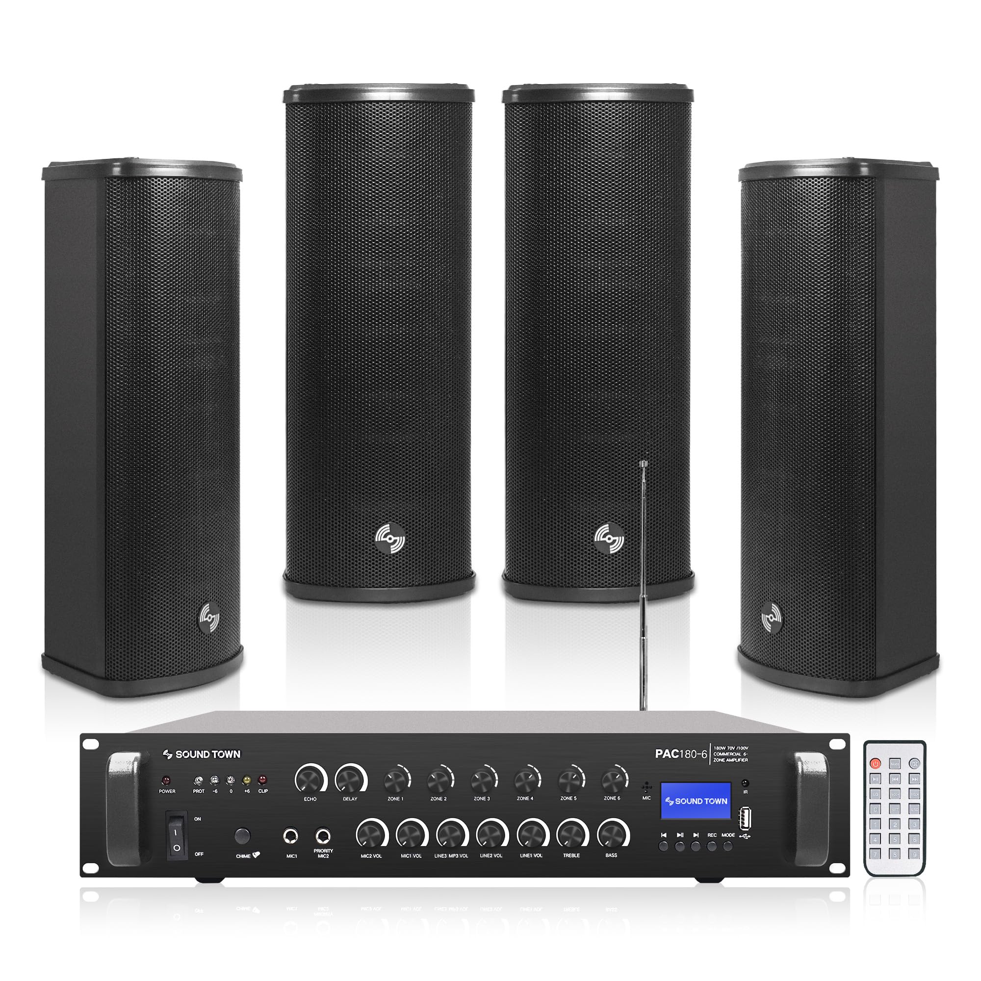 Sound Town Commercial Restaurant Bluetooth Amplifier + Column Speaker Set, with One 6-Zone 70V/100V Amplifier with Bluetooth, 4 x All-Weather Dual 5-Inch Column Speakers, Black (PAC180X4CL25B)