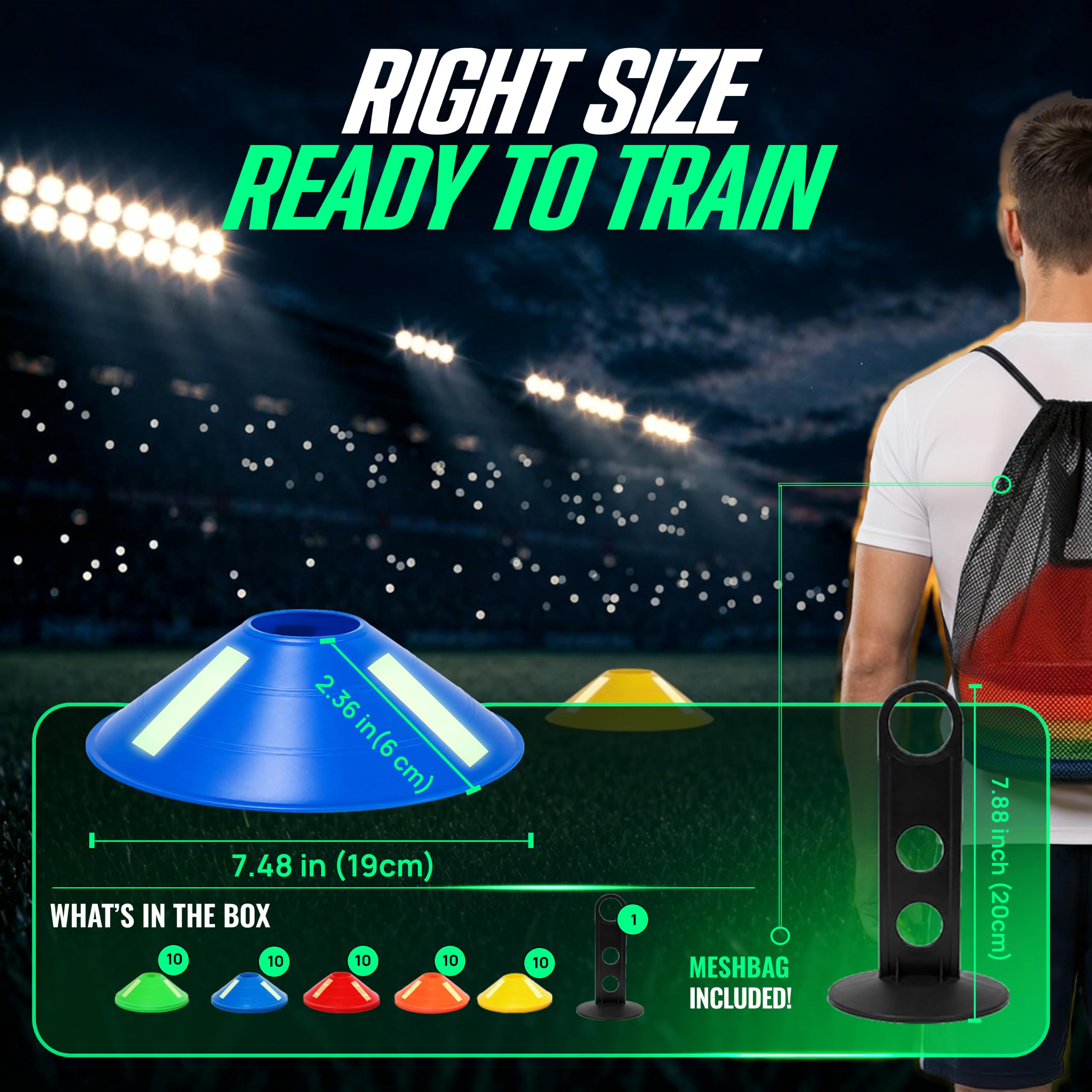 Coni di agilità fosforescenti, set di 50 coni dischi da calcio attivati dalla luce con supporto, 5 colori, per allenamento notturno di velocità e agilità, interno/esterno
