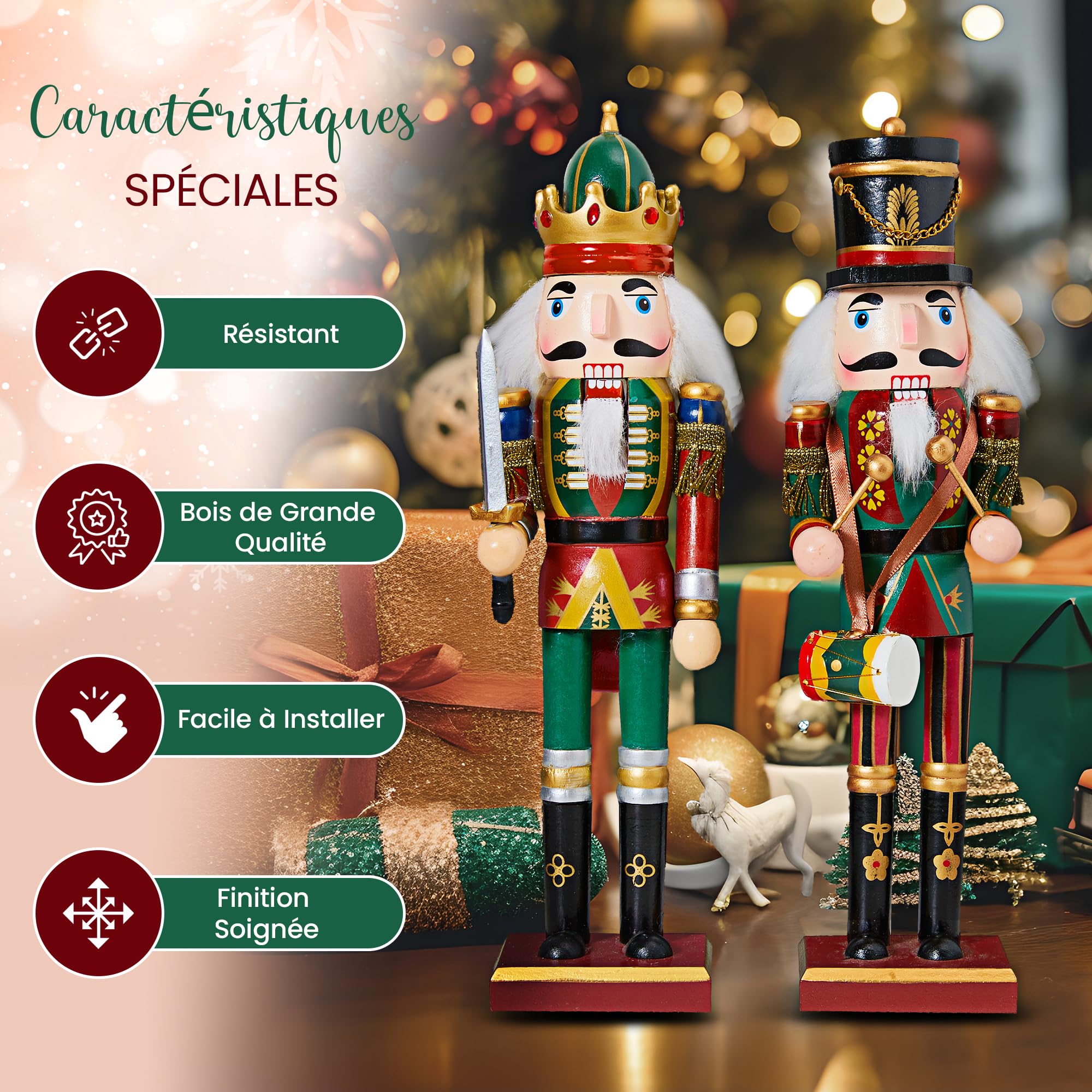 Soldat Casse-Noisette Décoration Noël Traditionnel - 2 Figurines Casse-Noisette Noël en Bois, 30 cm pour déco de Table, Pied de Sapin, crèche, cheminée, Nutcracker Christmas