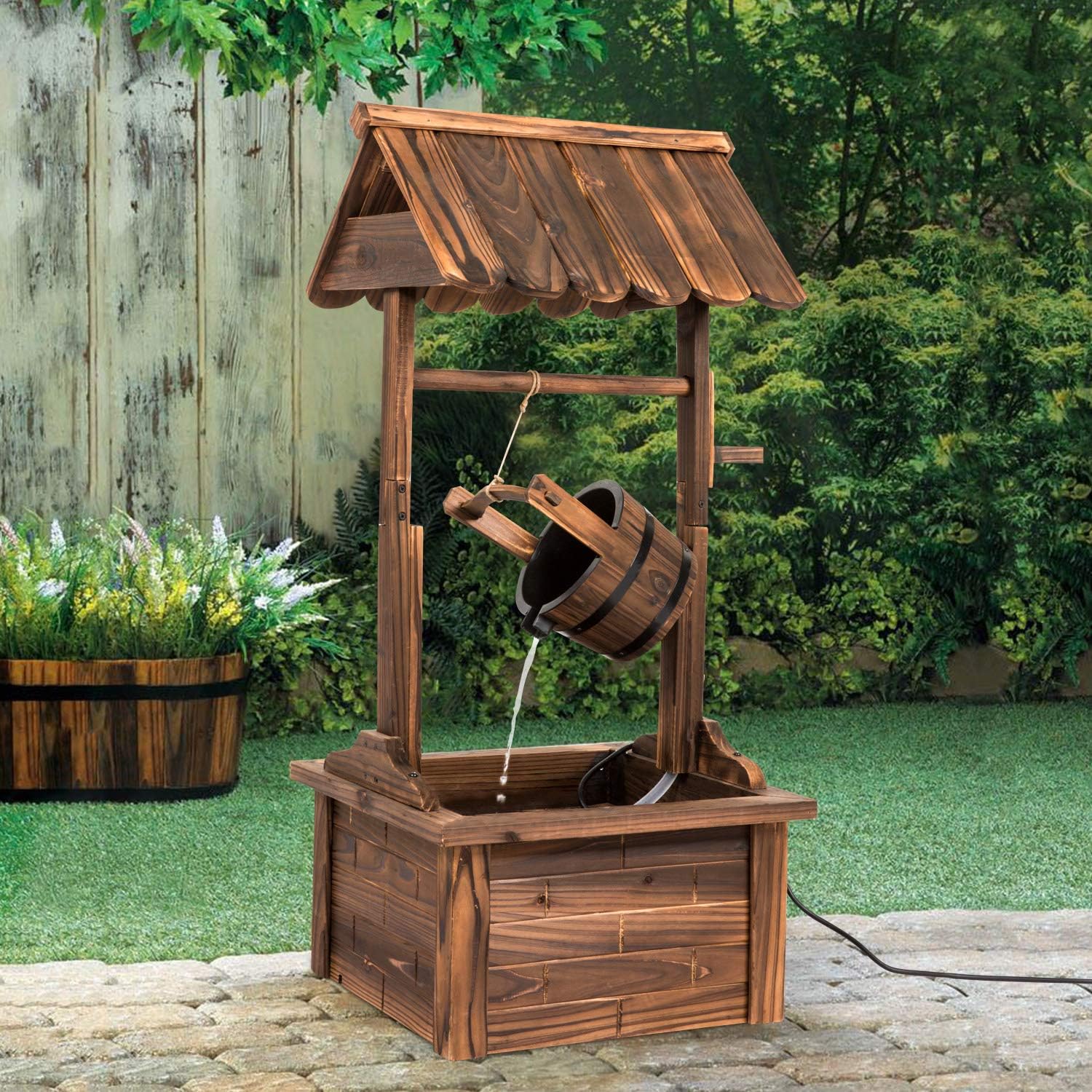 Worldrich 44-Inch Outdoor Garden Rustic Wood Wishing Well Water Fountain with Pump