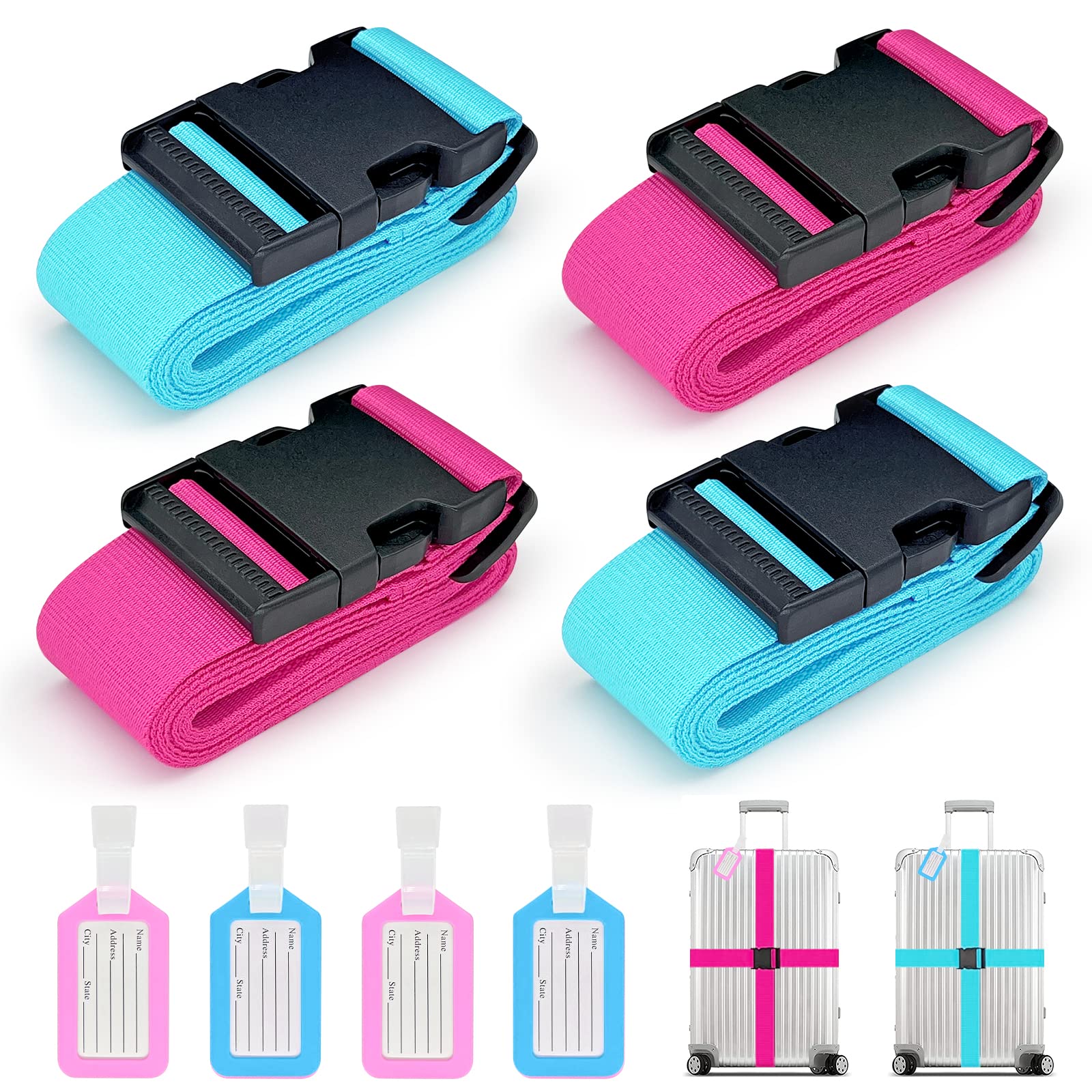 Koffergurte 4 Stück, Verstellbare Kofferband mit Adressschild, 2 Farben Kreuzgurt Kofferbänder für Koffer Markierung, Reisezubehör Gepäckgurt Luggage Strap zum Sicheren Verschließen