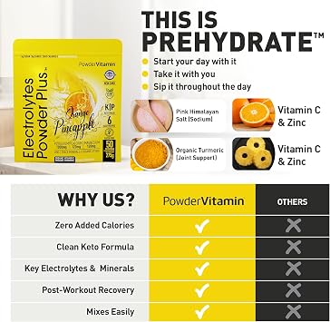 PowderVitamin Electrolytes Powder Plus, Sugar Free Hydration Powder 1000mg Potassium, 120mg Magnesium, 120mg Calcium, Himalayan Salt, Vitamin C & Zinc, USA Made, 275g, 50 Servings, Orange Pineapple
