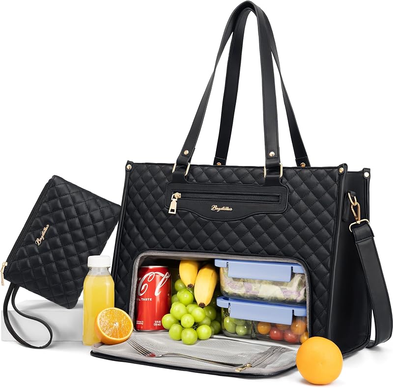 Lunch Tote Bag for Women, Laptop Work Bag with Lunch Compartment | 15.6 Inch Computer Bag Insulated Lunch Box Purse, Large Capacity Quilted 3 in 1 Handbag for Office Work Nurse Teacher Travel