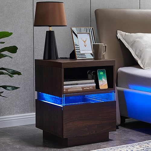 Miniatura 1 de T4TREAM Mesita de noche LED con estación de carga para dormitorio, mesa auxiliar moderna con compartimento abierto y cajón de almacenamiento, mesa