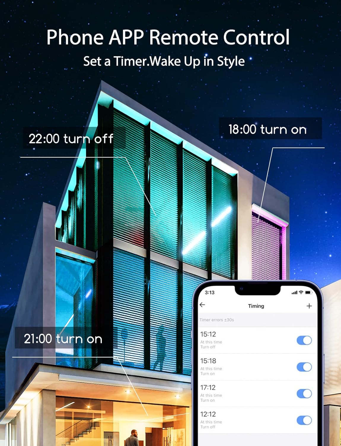 Phone app showing timer and schedule settings for smart lights