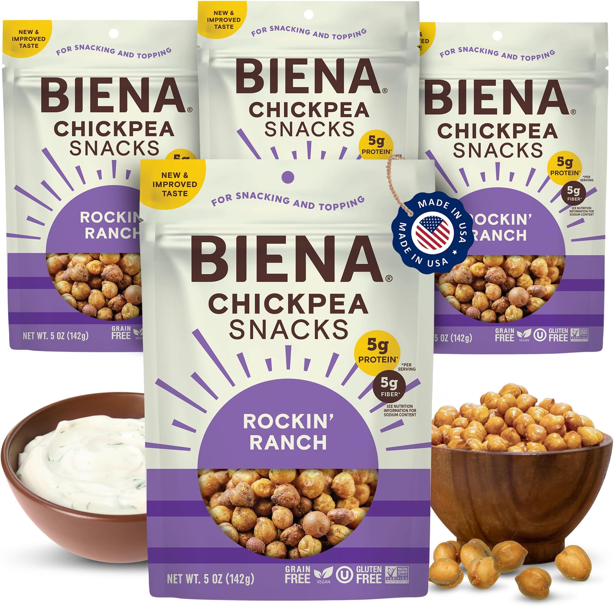 Biena Crispy Roasted Chickpea Snacks, Rockin’ Ranch, High Protein Snacks, High Fiber Snacks, Gluten Free, Plant-Based, Non-GMO, Healthy Snacks for Adults and Kids, 4-Pack 5 Ounce Bags