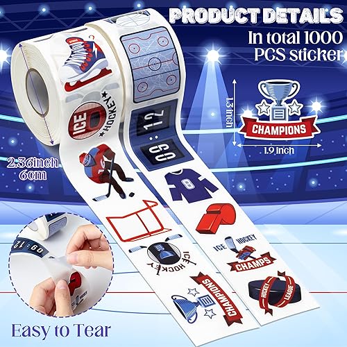 Miniatura 2 de A1diee 1000 calcomanías de hockey sobre hielo en 2 rollos con 16 patrones, lindos adhesivos autoadhesivos motivacionales de hockey sobre hielo para
