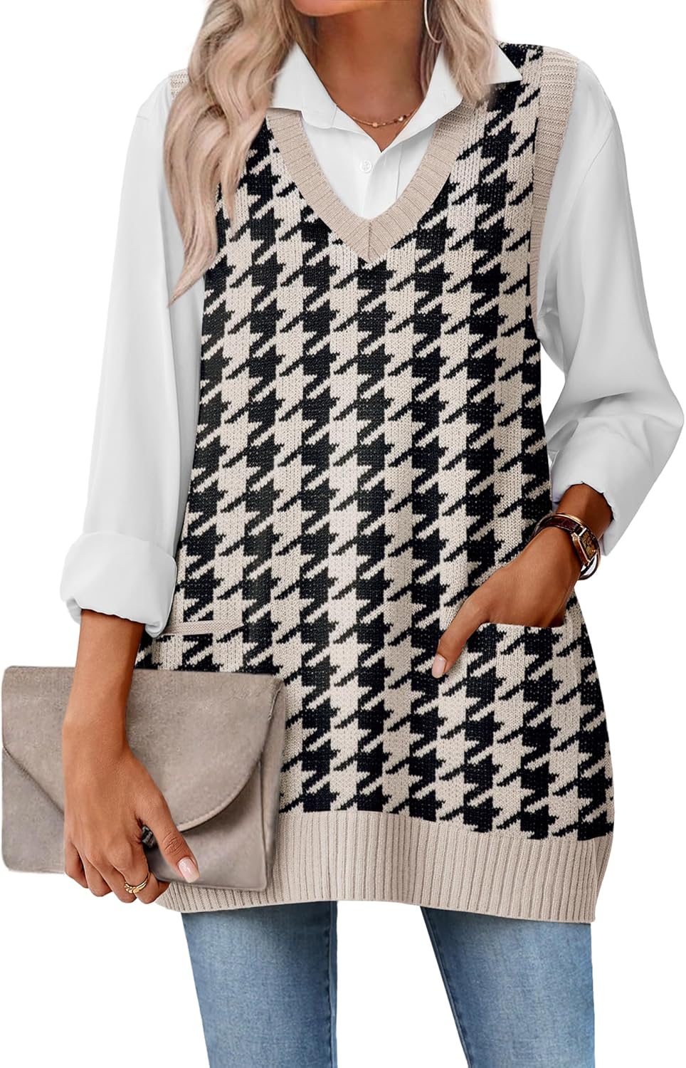 Zeagoo Women's Sweater Vest 2025 Oversized Sleeveless V Neck Pullovers with Pocket Knitted Fall Outfits