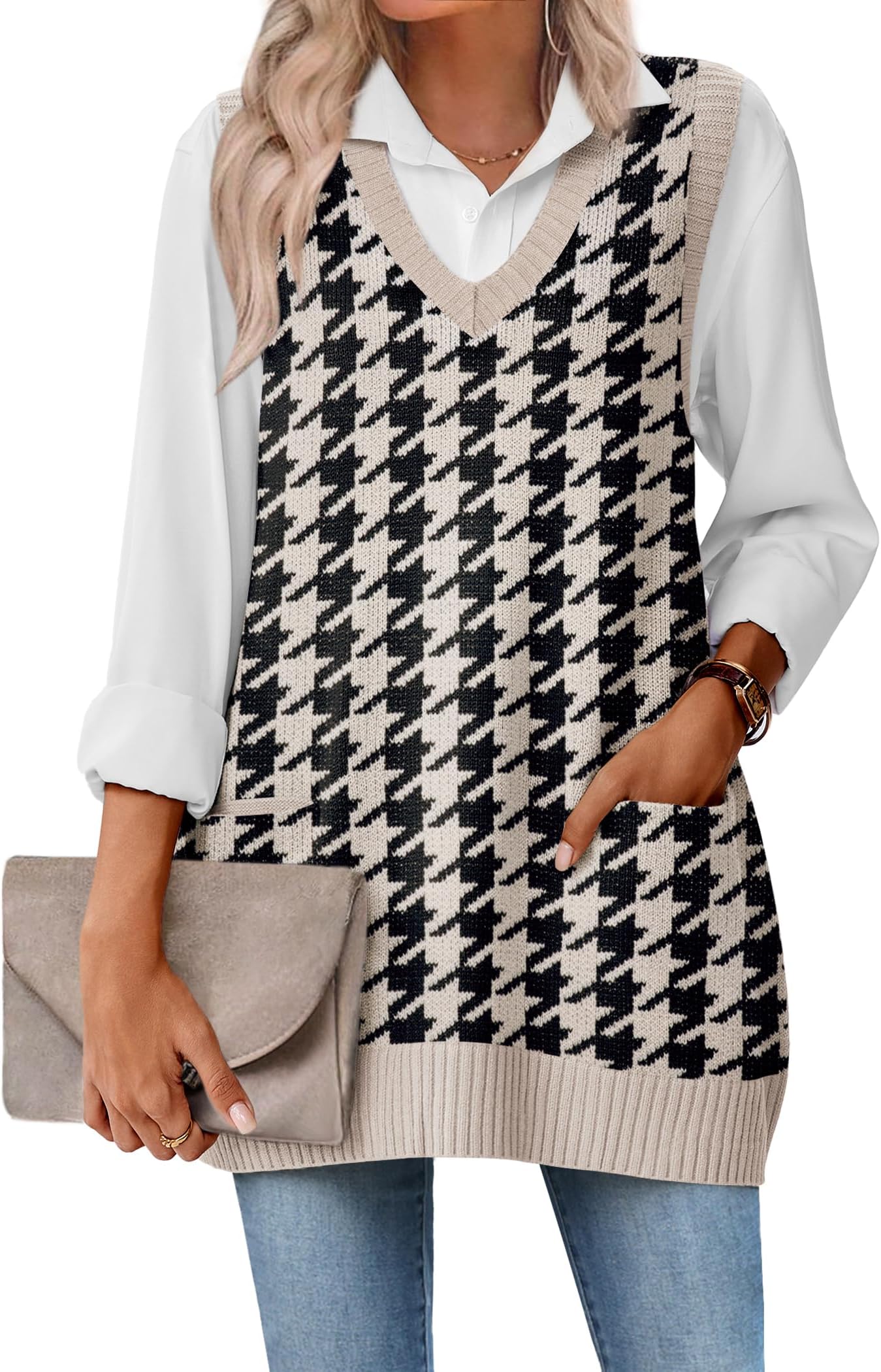 Women's Sweater Vest 2026 Oversized Sleeveless V Neck Pullovers with Pocket Knitted Fall Outfits