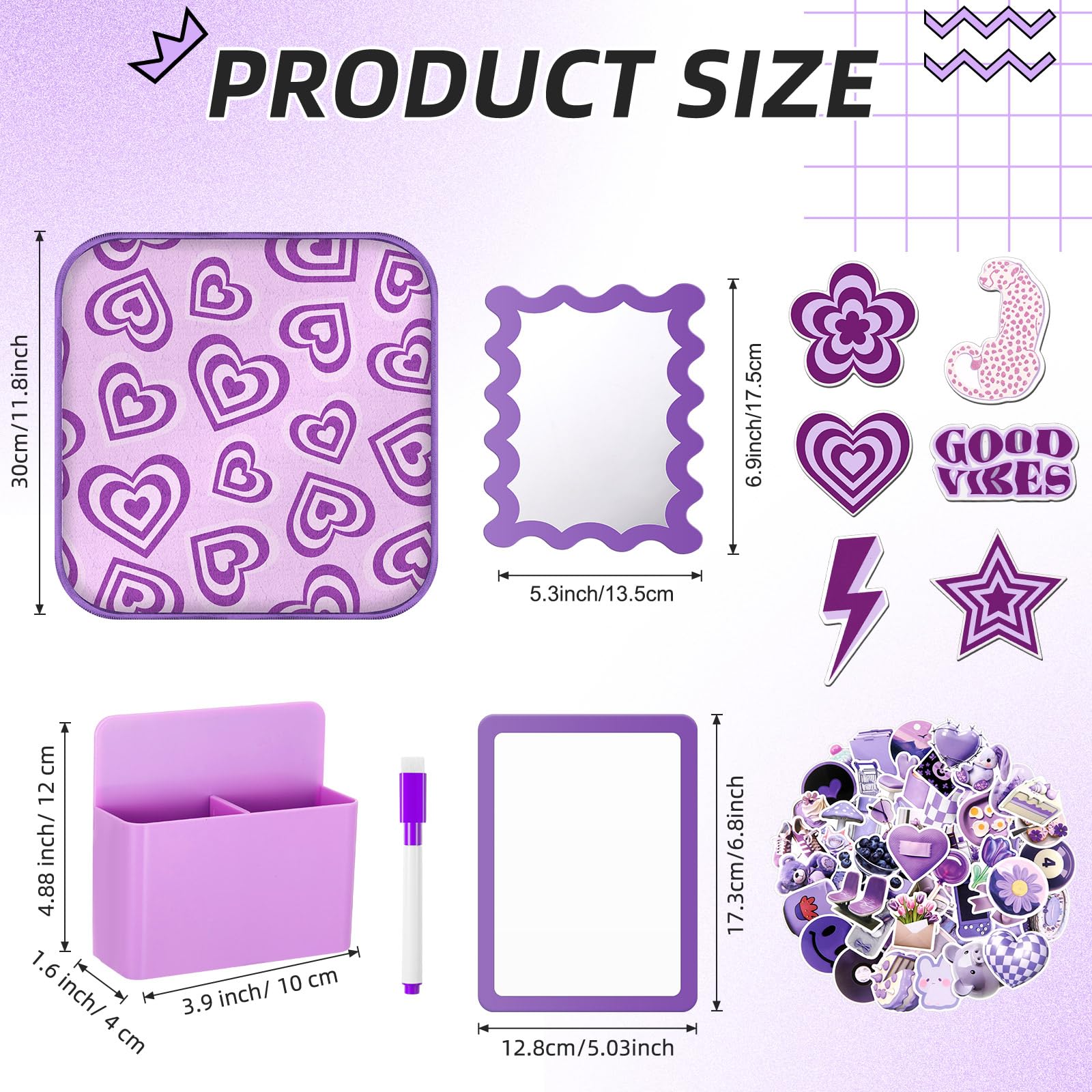 Threehoney Kit de 11 accesorios magnéticos para casillero, espejo, soporte para bolígrafos, calcomanías magnéticas, alfombra, marcador de pizarra blanca, calcomanías preparadas para el regreso a