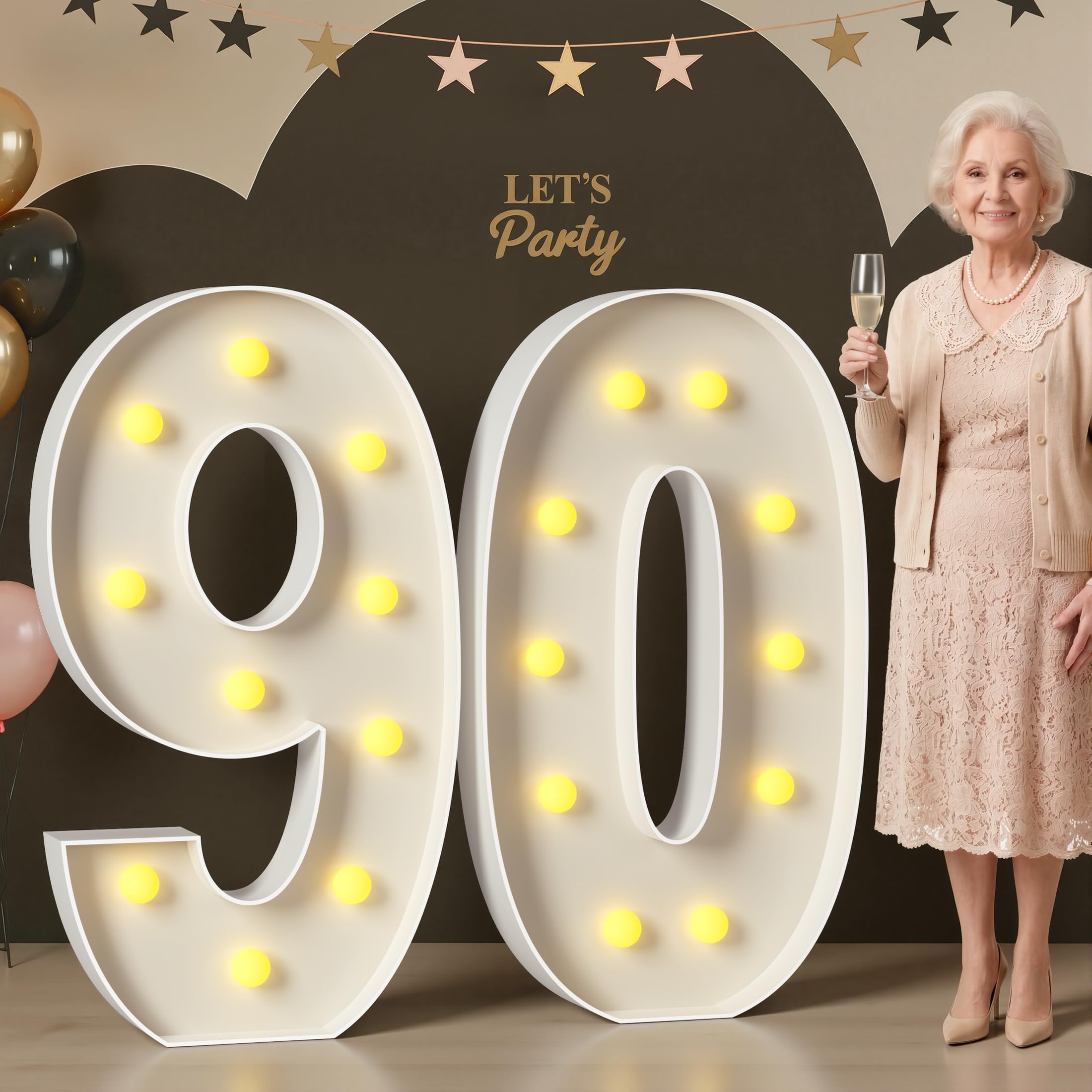 Números de marquesina 90 de 4 pies, número 90 grande iluminado para suministros de fiesta de cumpleaños, letrero, telón de fondo, decoraciones de feliz cumpleaños 90 para mujeres y hombres de 90 años
