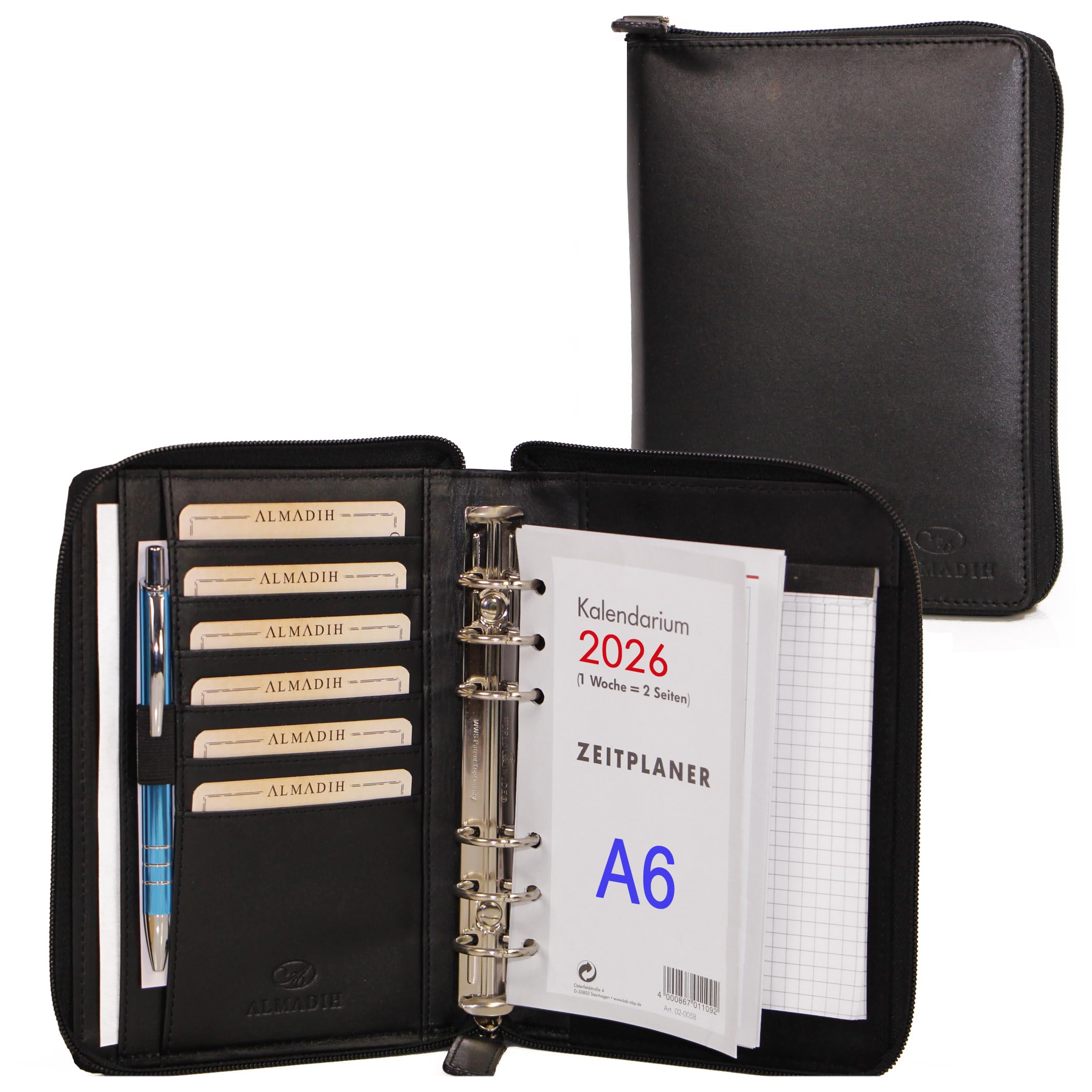 ALMADIH Leder A6 Organizer mit Reißverschluss, Kalender 2026 Notizblock Premium Rindsleder Schwarz in Geschenkbox Ledermappe Mappe Schreibmappe Terminplaner Terminkalender Aktenmappe (A6-O-S)