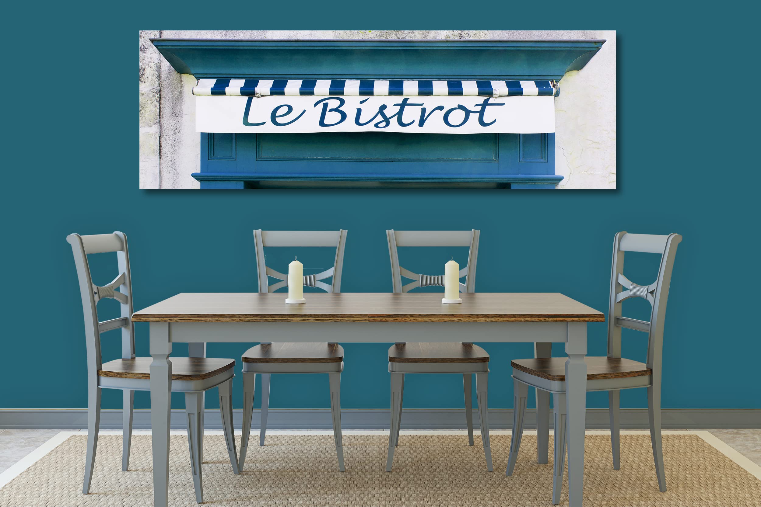 Glücksvilla - Bistrot blau (Leinwand-Bild 5 cm, 60 x 20 cm) | div. Maße - aus DE - Kunstdruck XXL Deko Wandbild quer - Bistro Restaurant Bar Frankreich Paris
