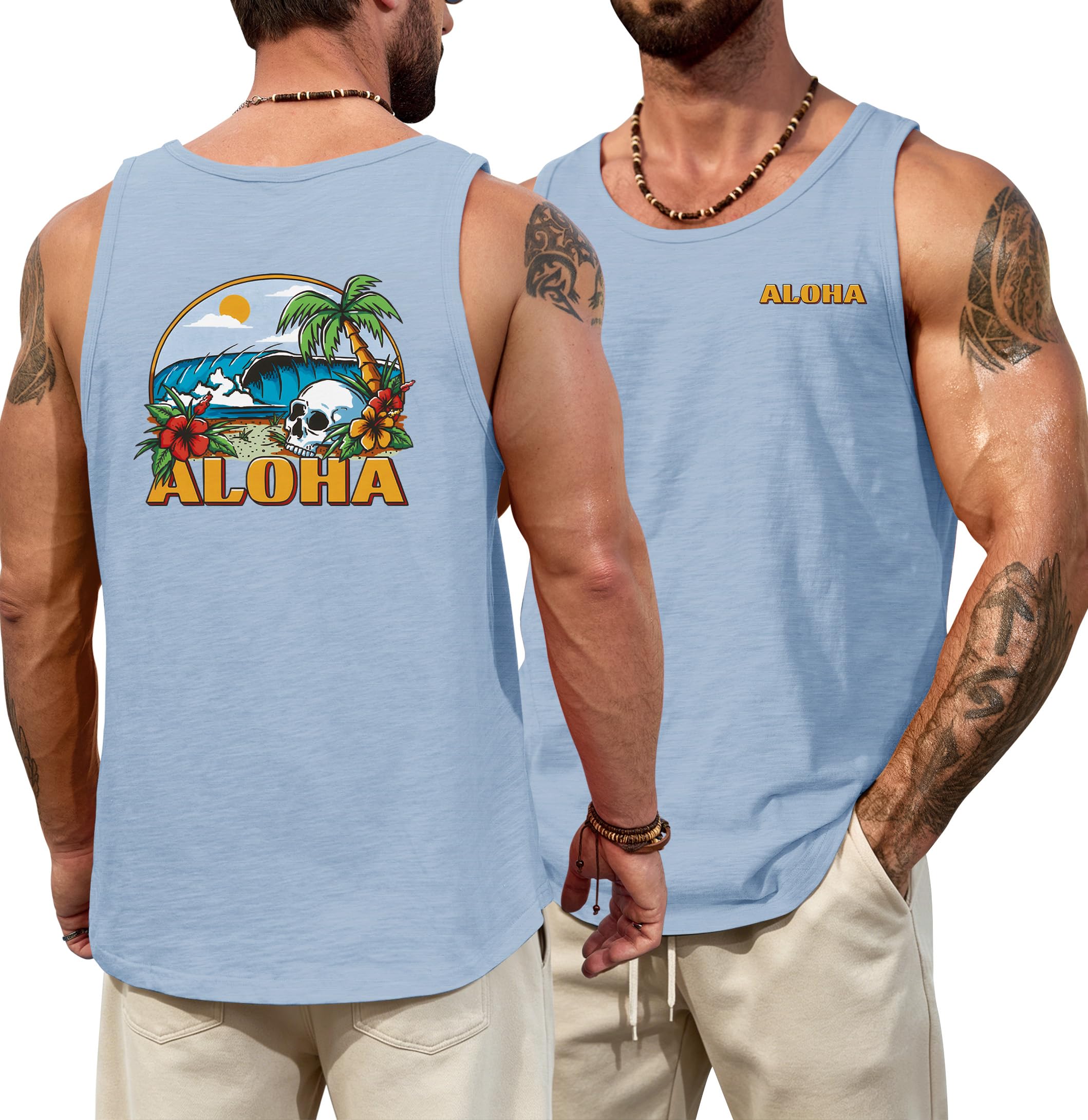 VOGSTART Mens Graphic Muscle Tank Top Beach Slub Cotton Sleeveless Shirts