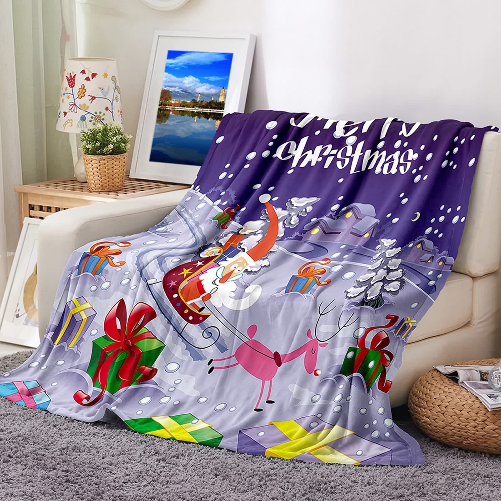 Couverture plaid en flannel KnSam 180x200cm bleu violet avec motif de cerf et Père Noël
