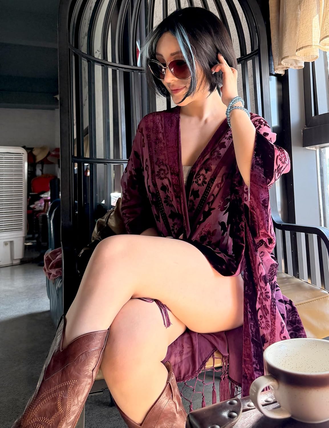 Women's Burnout Velvet Kimono Long Cardigan Cover Up With Tassel - Image 5